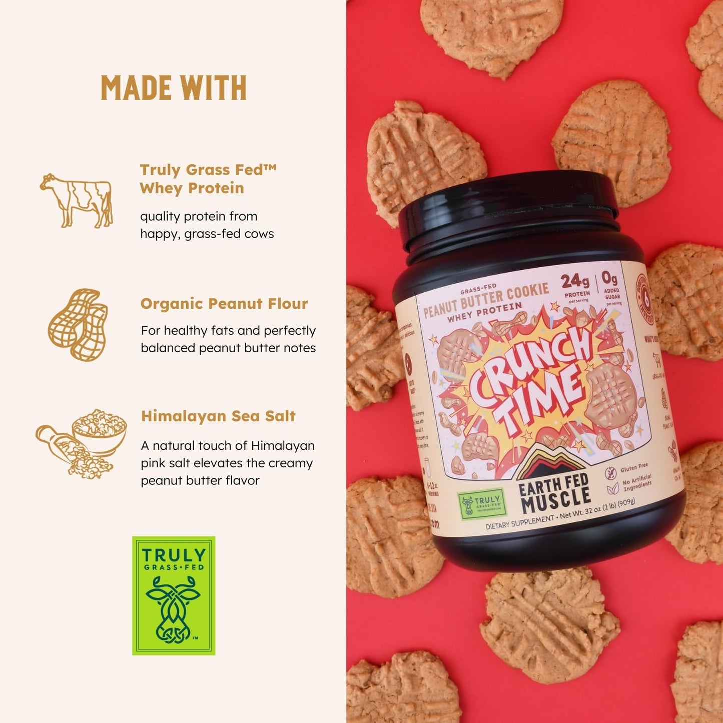 Earth Fed Muscle Crunch Time Grass Fed Whey Protein Isolate Powder Peanut Butter Cookie, 32 Servings