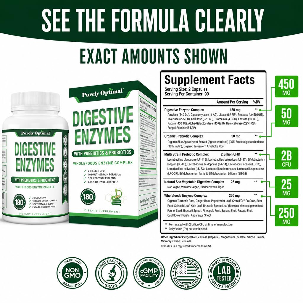 Purely Optimal Digestive Enzymes for Women and Men – Multi-Enzyme Supplement for Bloating Relief, Digestion and Heavy Meal Support – with Probiotics and Prebiotics for Gut Health, 180 Capsules