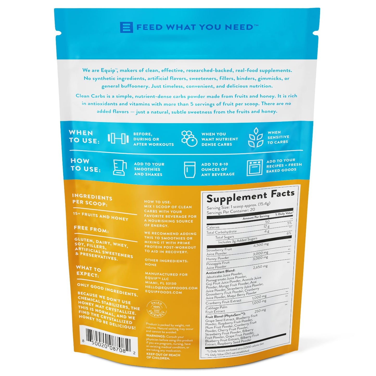 Equip Foods Clean Carbs - Sweet Potato Powder - Plant Based Pre Workout Carb Powder, Made from Dried Sweet Potatoes Vanilla Flavor 1.7
