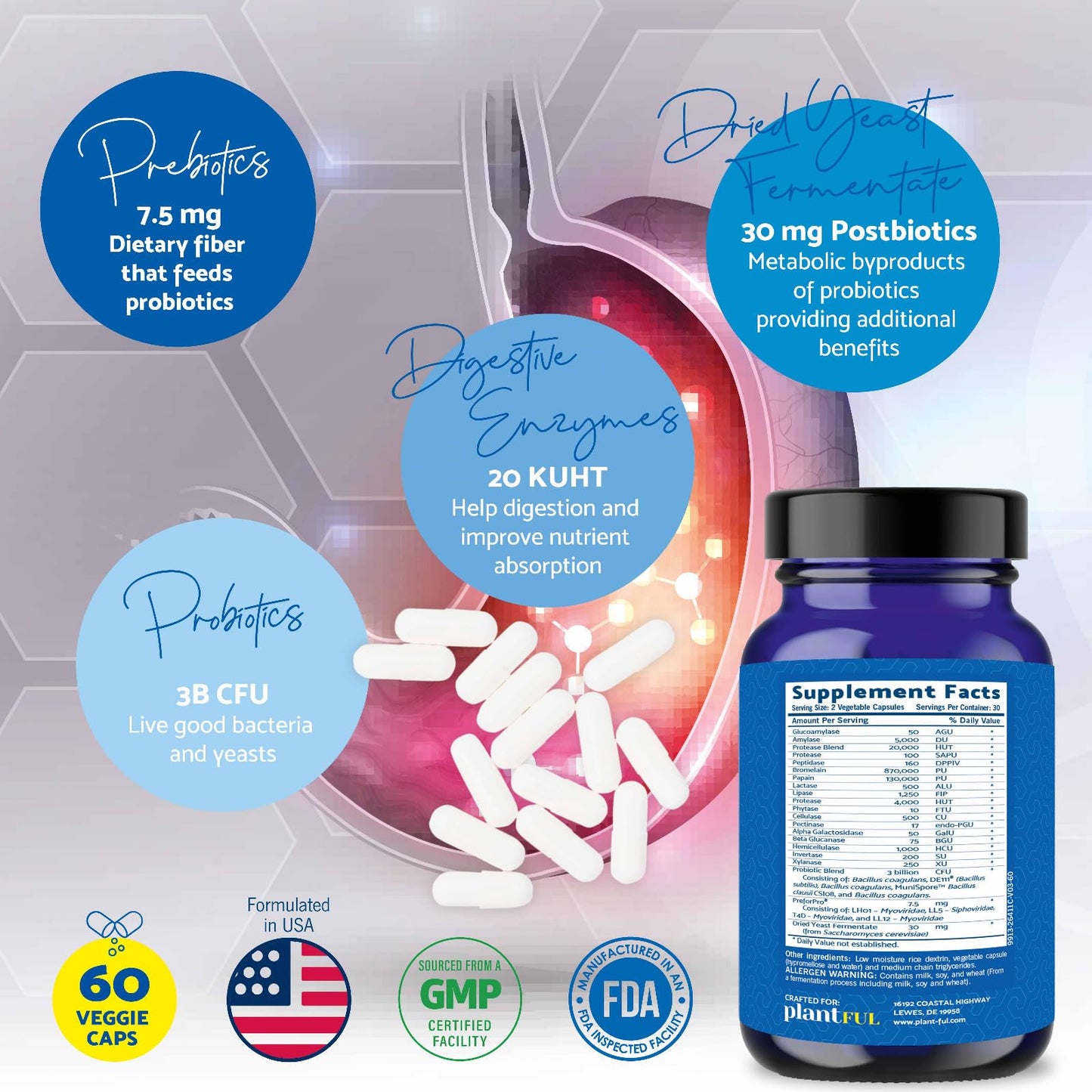 PLANTFUL RESEARCH 4-in-1 Pre Post Probiotics & Digestive Enzymes - Complete Gut Health & Digestive Support for Women & Men - Prebiotic Probiotic & Postbiotic Gas & Bloating Relief, 60 Capsules