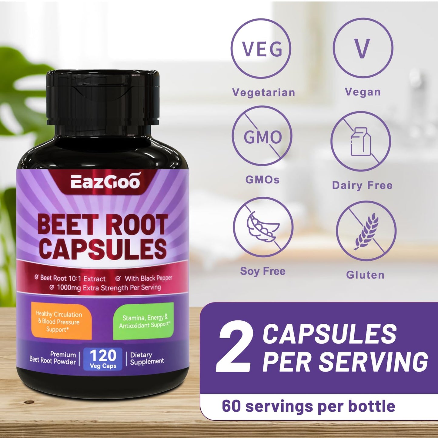 EAZGOO Beet Root Capsules 1000mg Per Serving, Supports Nitric Oxide Production & Blood Pressure, with Black Pepper Extract, Non-GMO, Gluten Free, Vegan, 120 Capsules