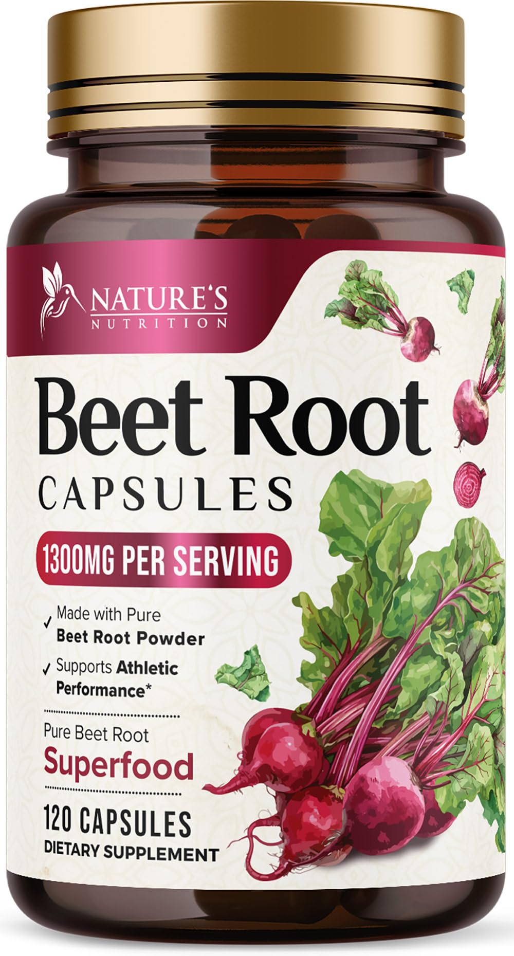 Nature's Nutrition Organic Beet Root 1300mg per Serving Extra Strength Beetroot Powder Supplement 120 Capsules