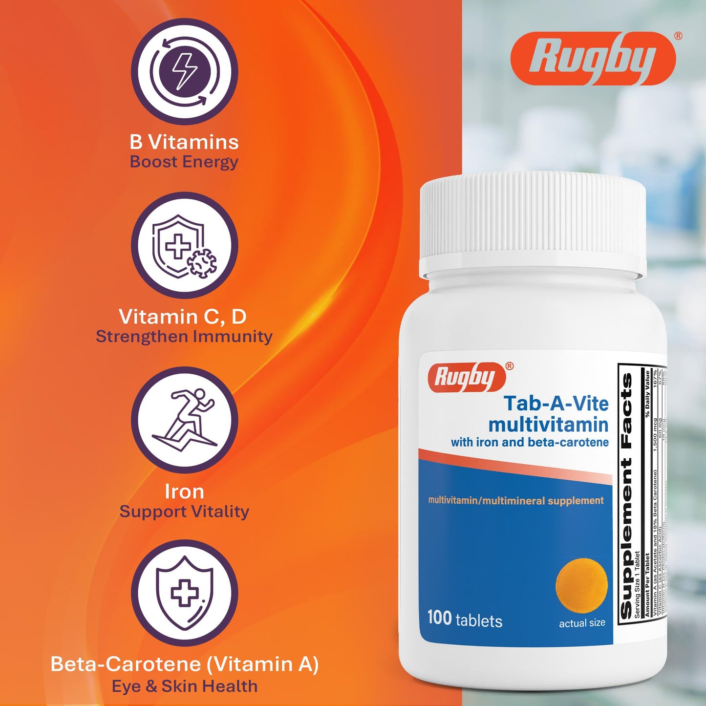 Rugby Laboratories Tab-A-Vite Multivitamin with Iron and Beta-Carotene, 100 Tablets