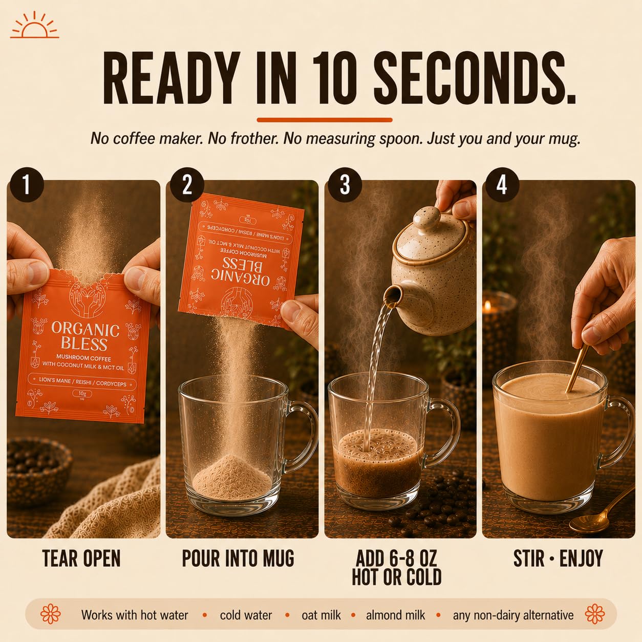 Organic Bless Mushroom Coffee Instant Packets Powder 3.52 oz