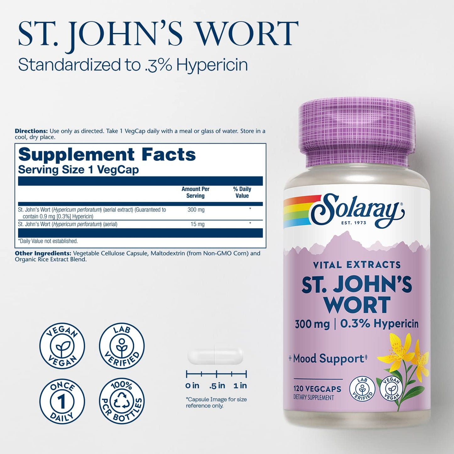 Solaray St John's Wort Aerial Extract 300 mg, 0.3% Hypericin Mood & Brain Health Support, Vegan & Lab Verified for Quality, 120 Capsules
