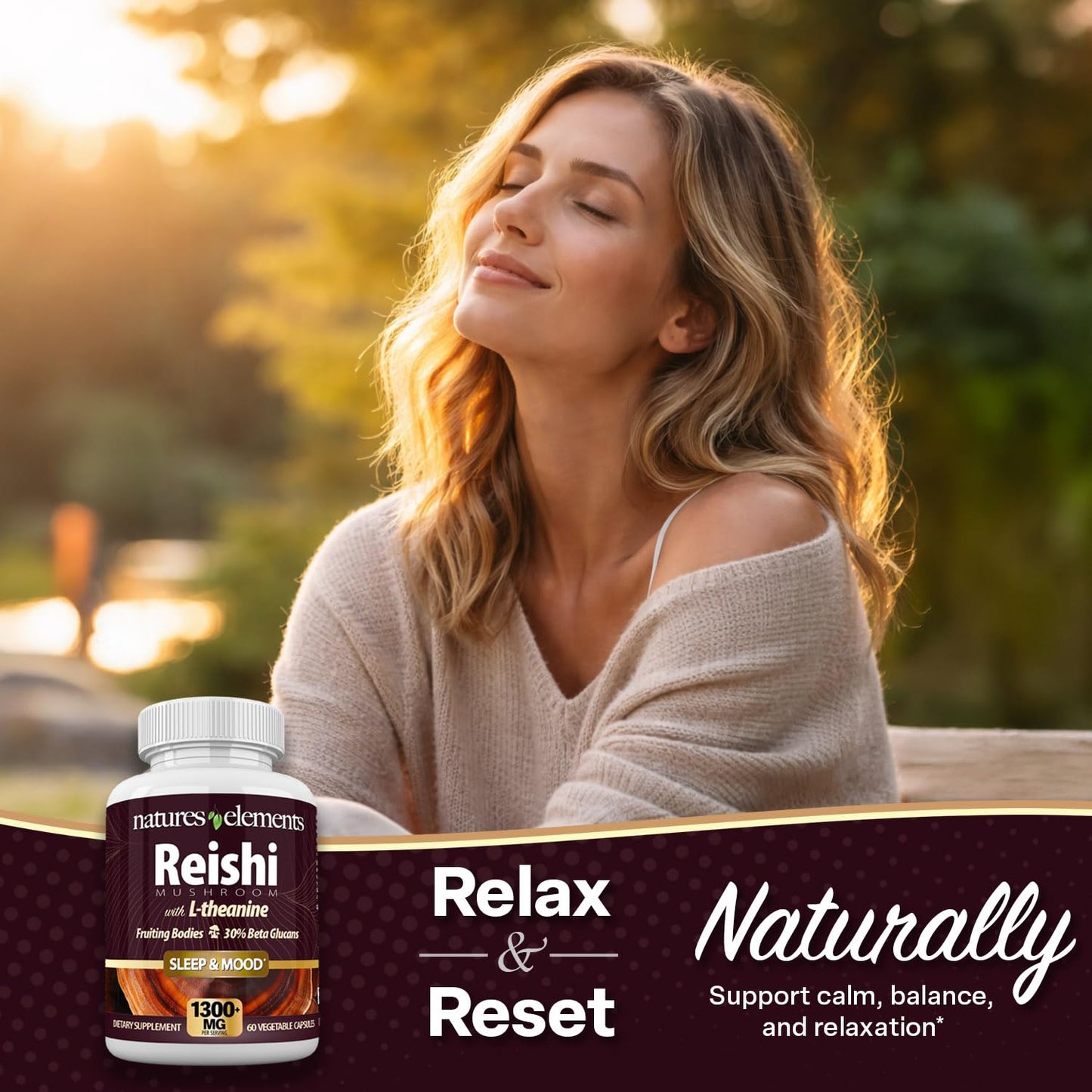 Natures Elements Reishi Mushroom Supplement for Sleep & Mood Support 1000mg 10:1 Extract (30% Beta Glucans) Advanced Complex with L-Theanine, Magnesium & Apigenin 180 Tablets