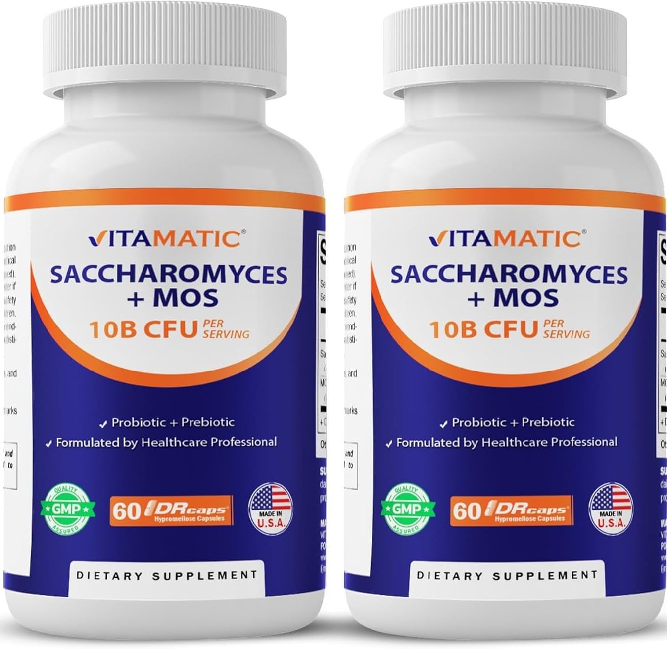 Vitamatic Saccharomyces Boulardii Probiotic 10B per Serving + Yeast Extract MOS Yeast Fraction 300 mg Capsule, 120 Count
