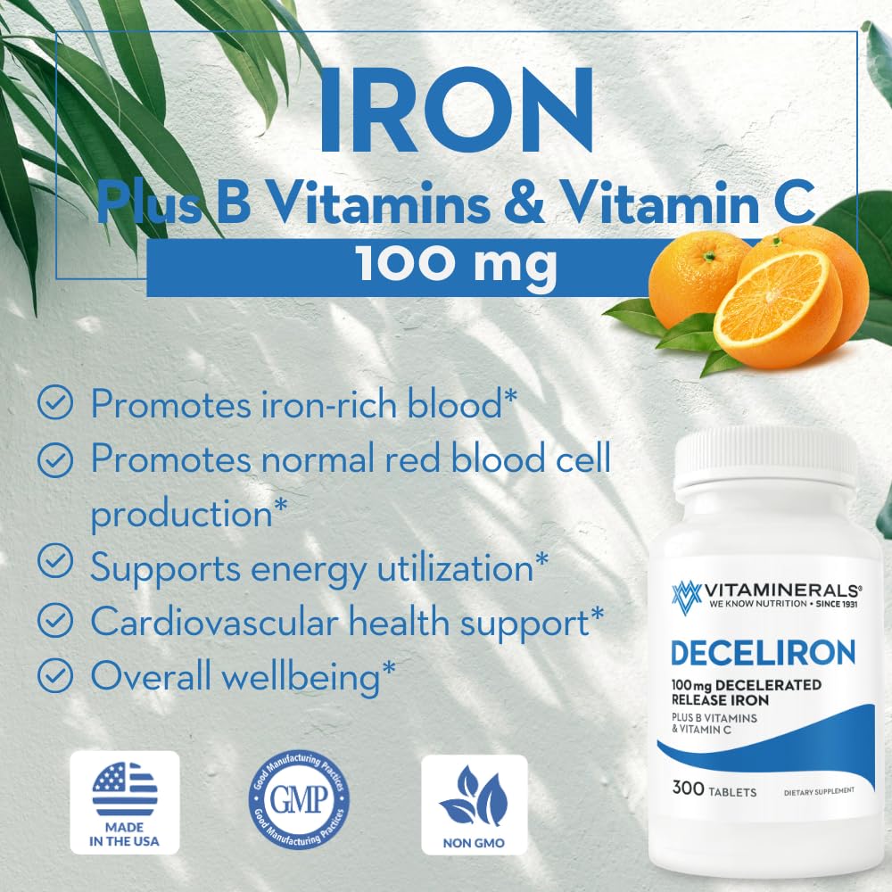 Vitaminerals Deceliron 100mg Iron Tablet, Non-GMO, Vegan, Gluten & Dairy Free, 300 Tablets