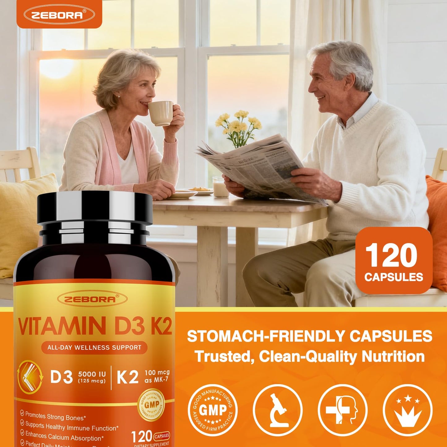 ZEBORA Vitamin D3 K2 5000 IU Supplement, Capsules, 120 Count
