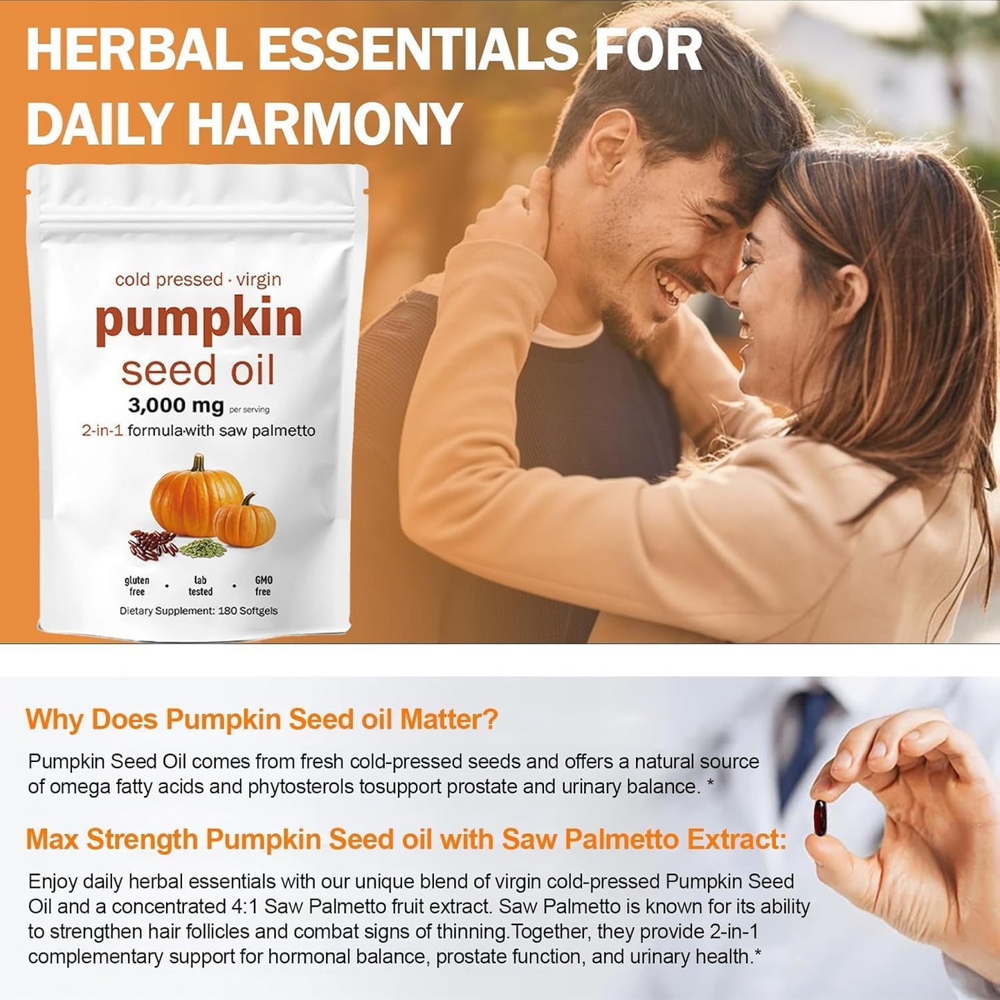 Sjjaw Pumpkin Seed Oil & Saw Palmetto, for Prostate Health & Hair Growth Support, 180 Capsules
