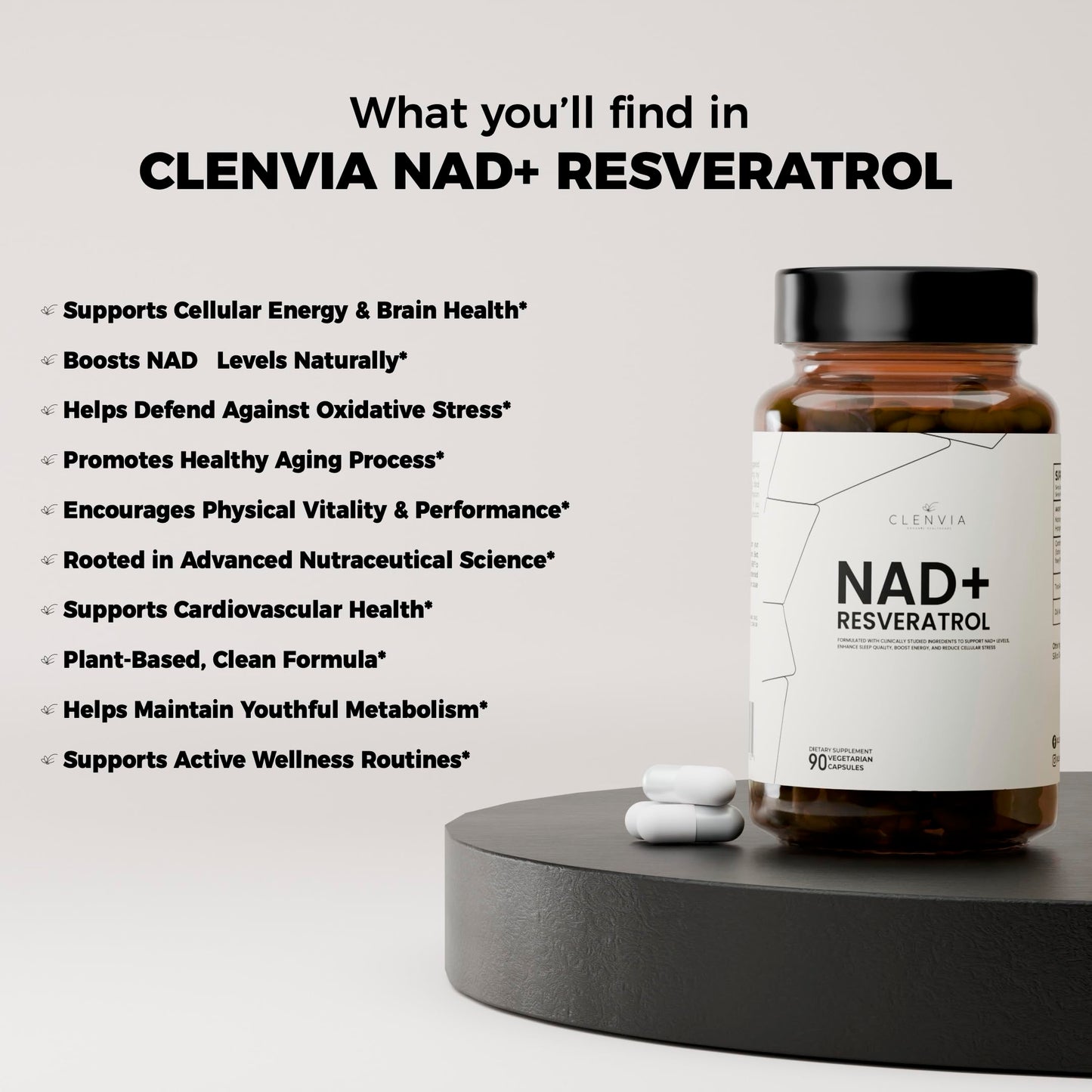 CLENVIA NAD+ Supplement with Resveratrol Capsules 90 Count