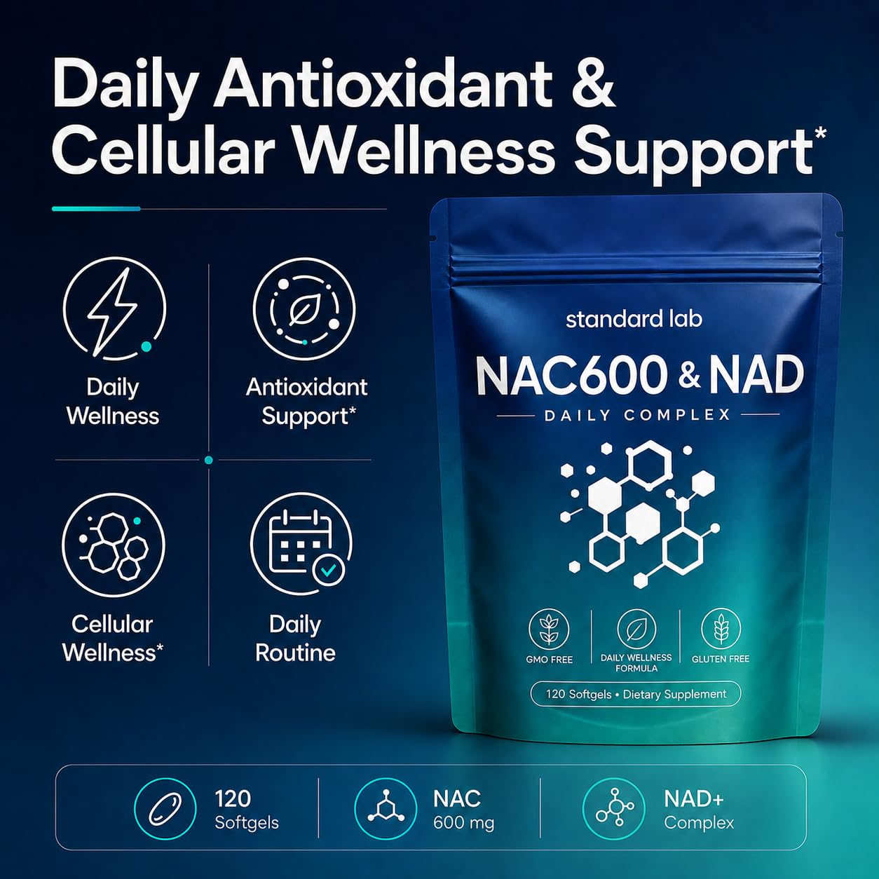 The standard lab Nac600 & NAD Daily Complex Softgels, 120 Count