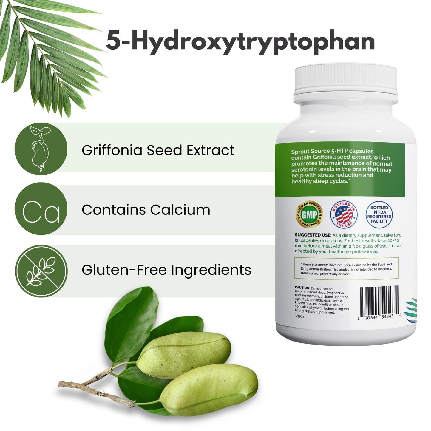 Sprout Source 5-HTP 200mg Capsules, Sleep & Mood Support with Calcium, 90 Count