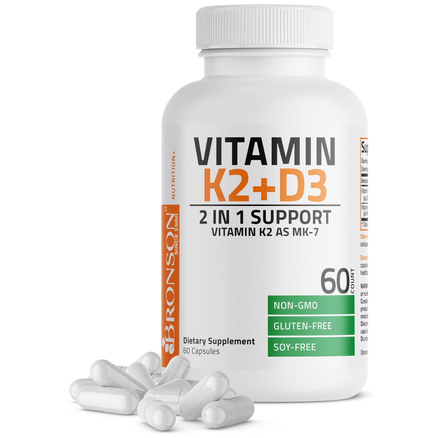 Bronson Vitamin K2 D3 (MK7) Supplement 2-in-1 D3 & K2 Complex Capsules, 60 Capsules