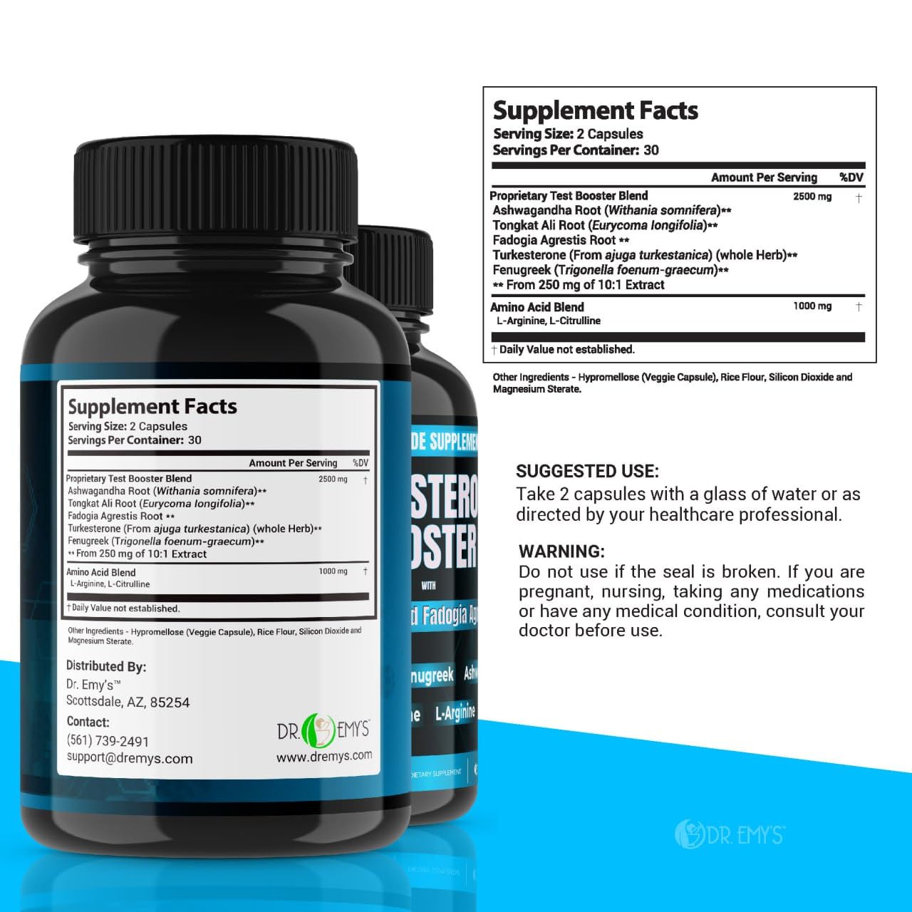 Dr. Emy's Testosterone Booster with Tongkat Ali, Fadogia Agrestis, Nitric Oxide, Ashwagandha, L-Arginine, Citrulline, Fenugreek, Turkesterone Pre-Workout Capsules, 60 Count