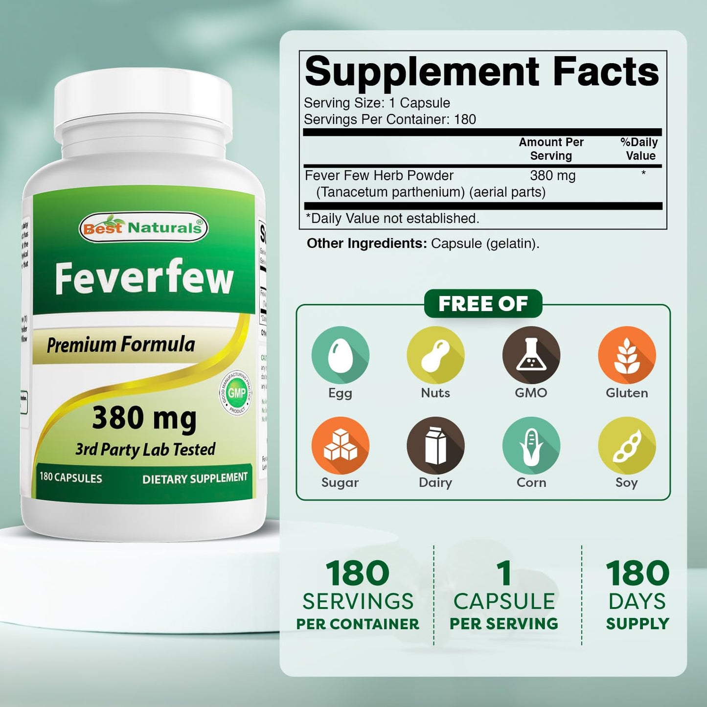Best Naturals Feverfew 380 mg Capsules 180 Count