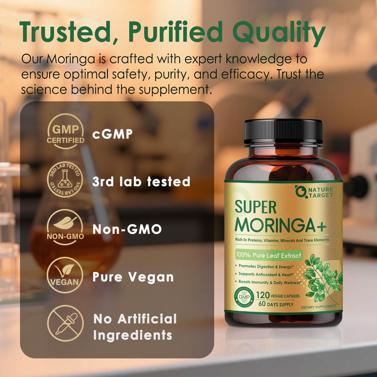 Nature Target Moringa Capsules 1000mg Pure Moringa Oleifera Leaf Supplement for Energy, Immune Support, Non-GMO, Vegan, Caffeine-Free, 120 Capsules