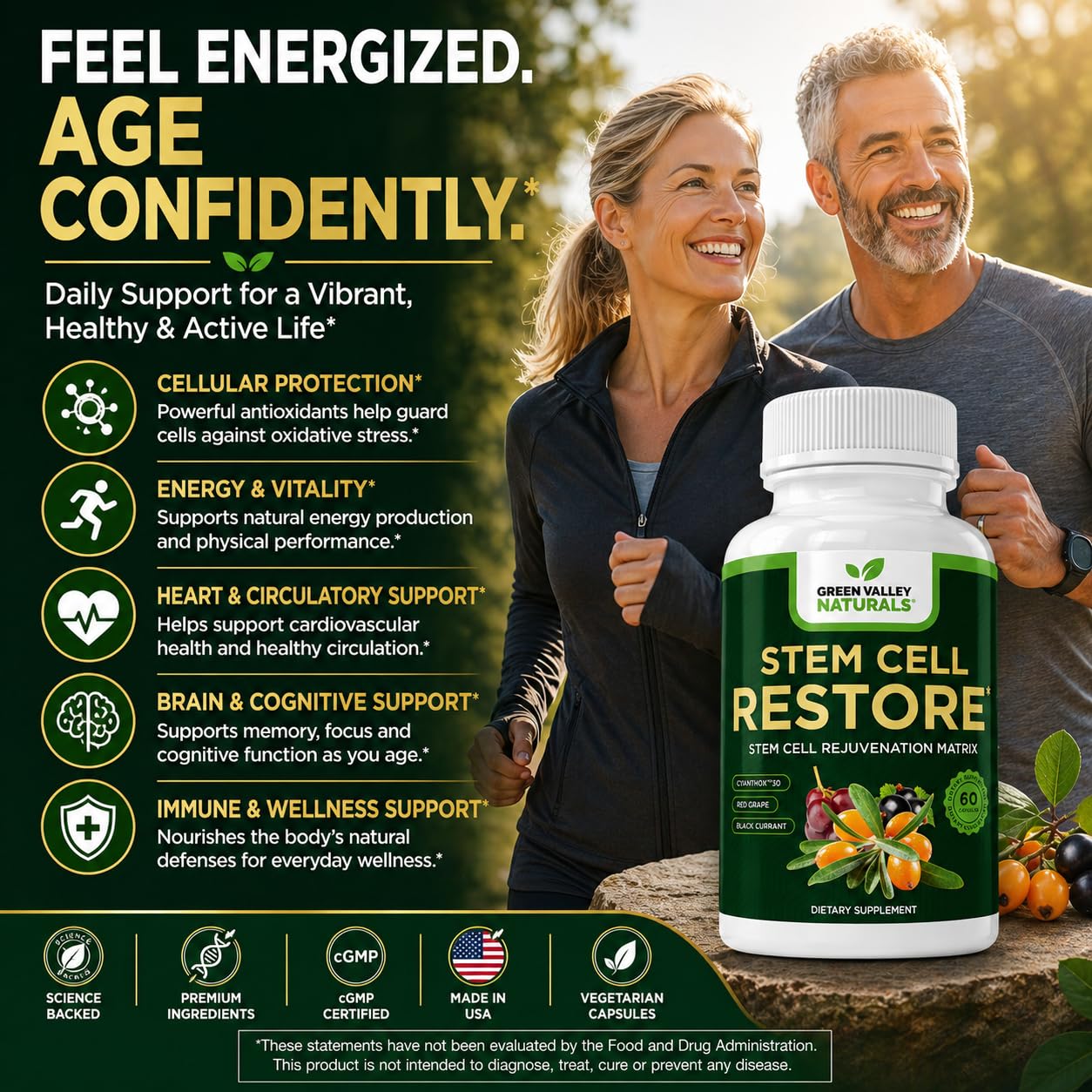 Green Valley Naturals Stem Cell Restore – Cellular Health Support Supplement with CYANTHOX™30, Sea Buckthorn, Black Currant, Grape Seed & Resveratrol, 60 Capsules