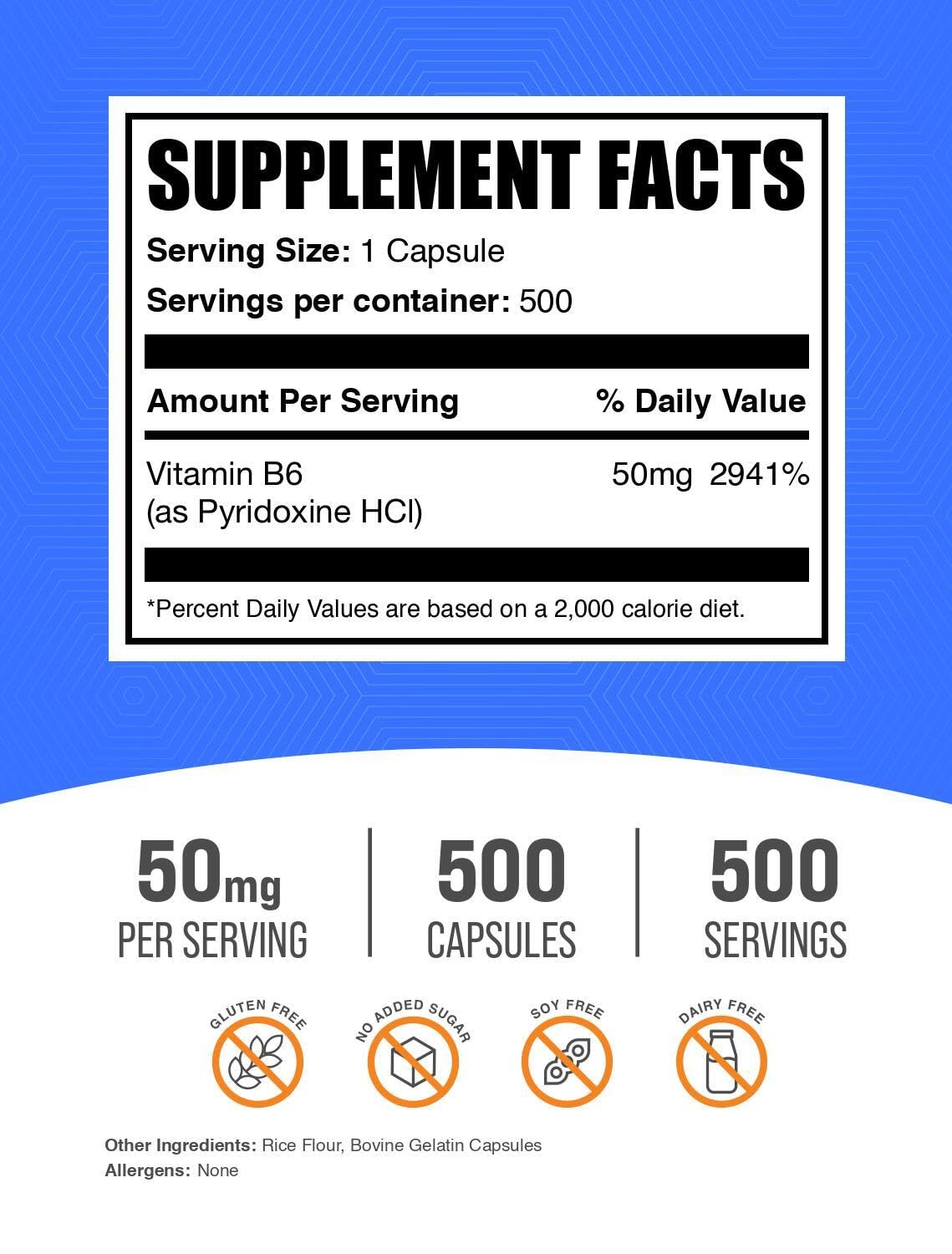 BulkSupplements Vitamin B6 Capsules - Pyridoxine HCl, 50 mg, 500 Capsules