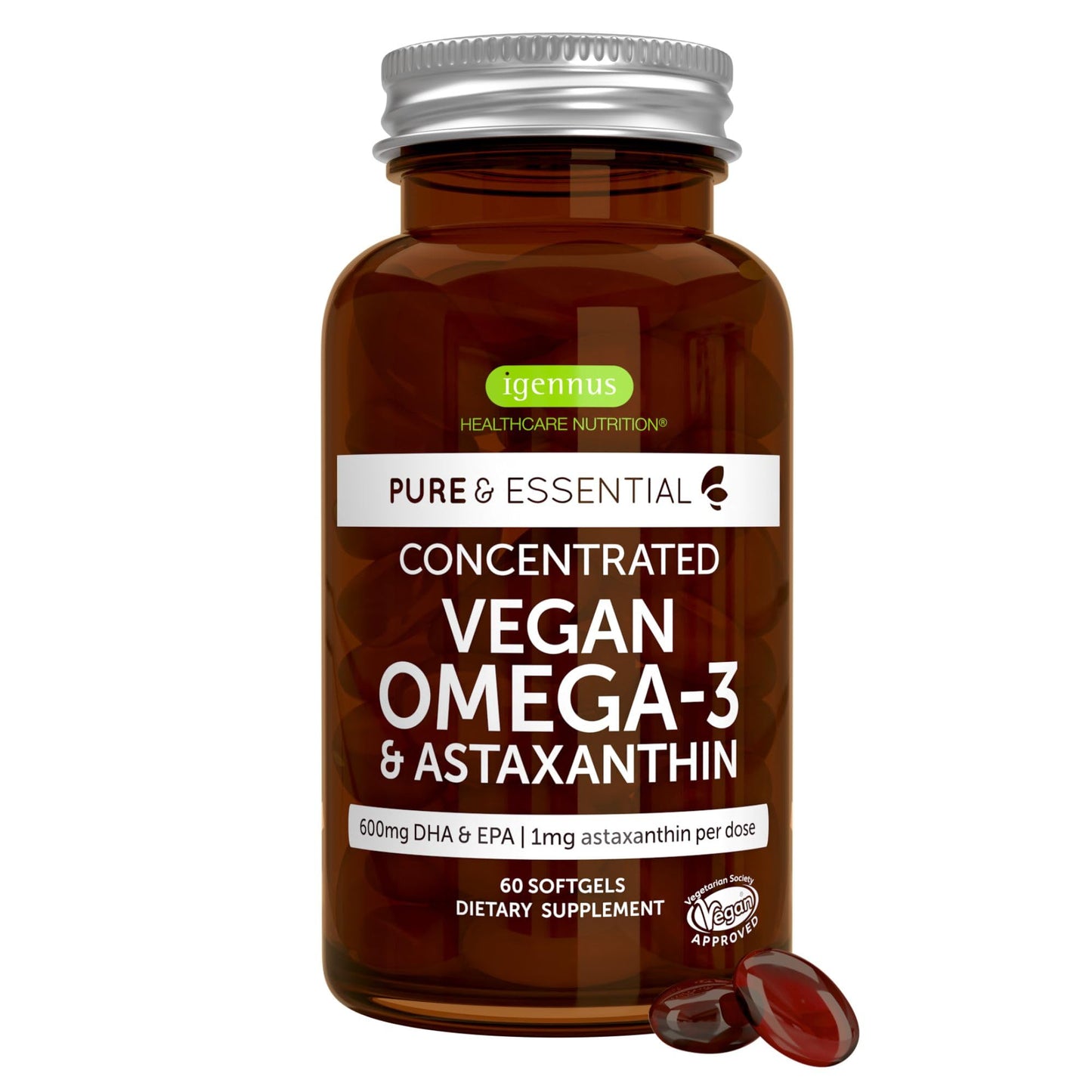 Igennus Healthcare Nutrition Vegan Omega 3 Algae Oil, EPA DHA 600mg Softgels, 60 Softgels