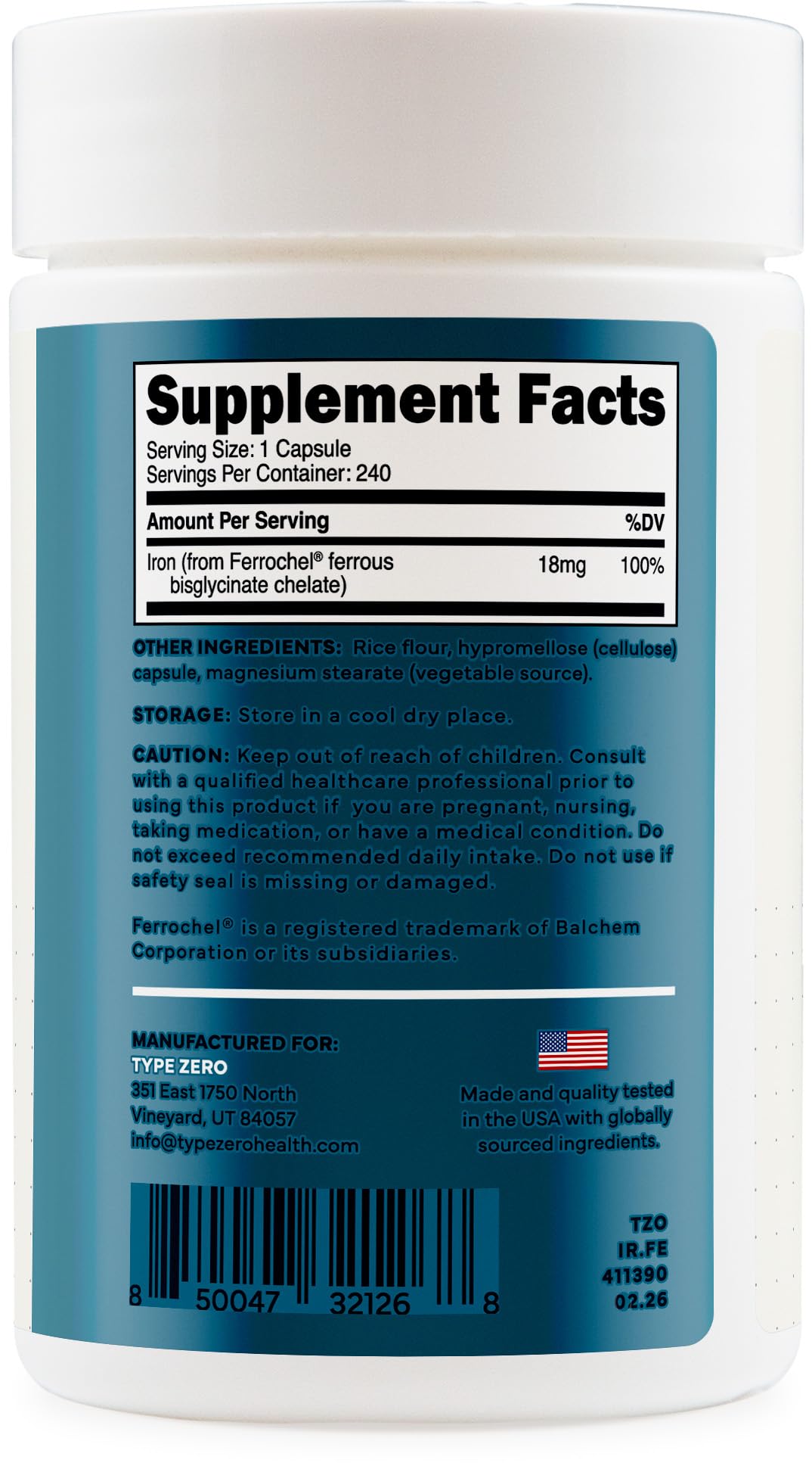 Type Zero Iron Chelate (18mg) Capsules, 240 Count