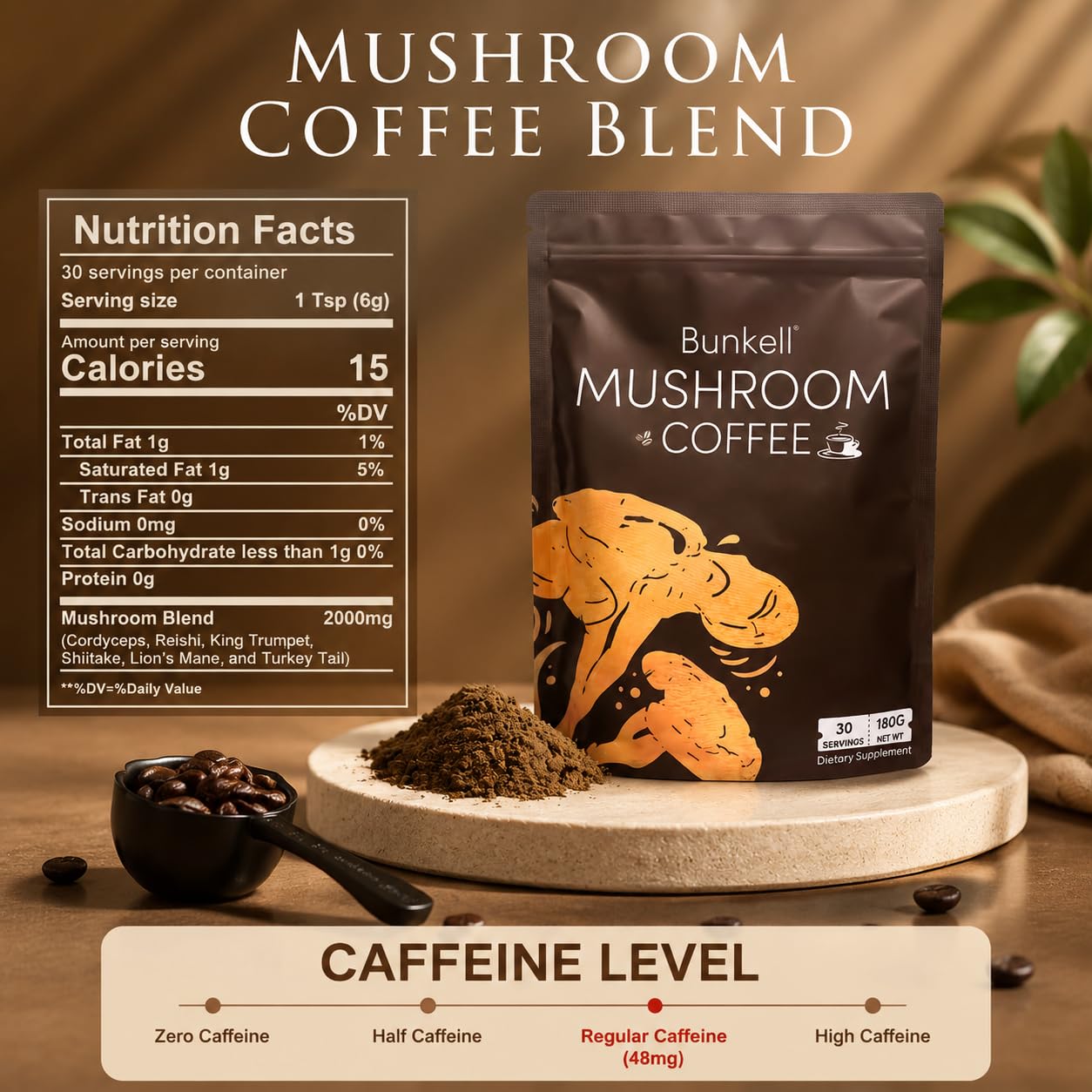 Bunkell Mushroom Coffee Powder with 6 Adaptogenic Mushrooms (Lion's Mane, Reishi, Cordyceps, Shiitake, King Trumpet & Turkey Tail) 6.35 Ounce