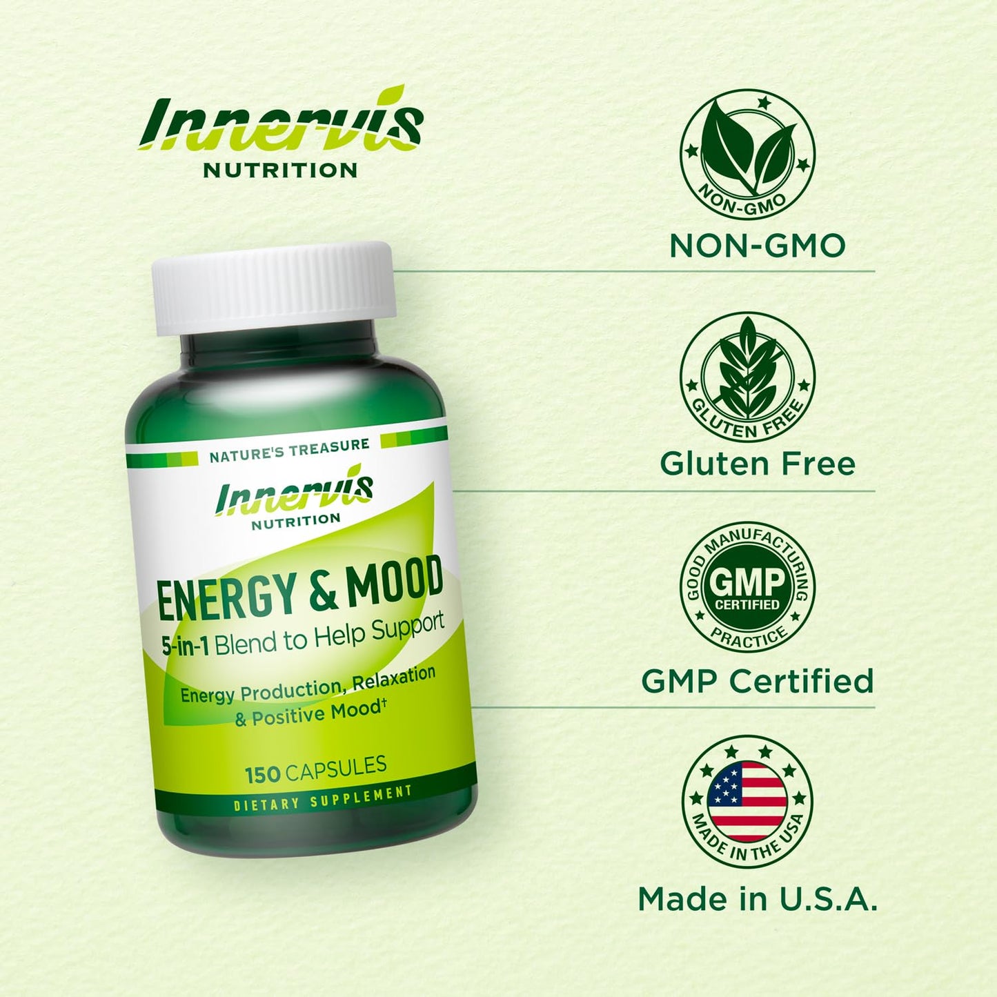 Innervis Nutrition Energy & Mood Supplement – Boost Energy & Reduce Fatigue, Support Relaxation Capsule, 150 Count