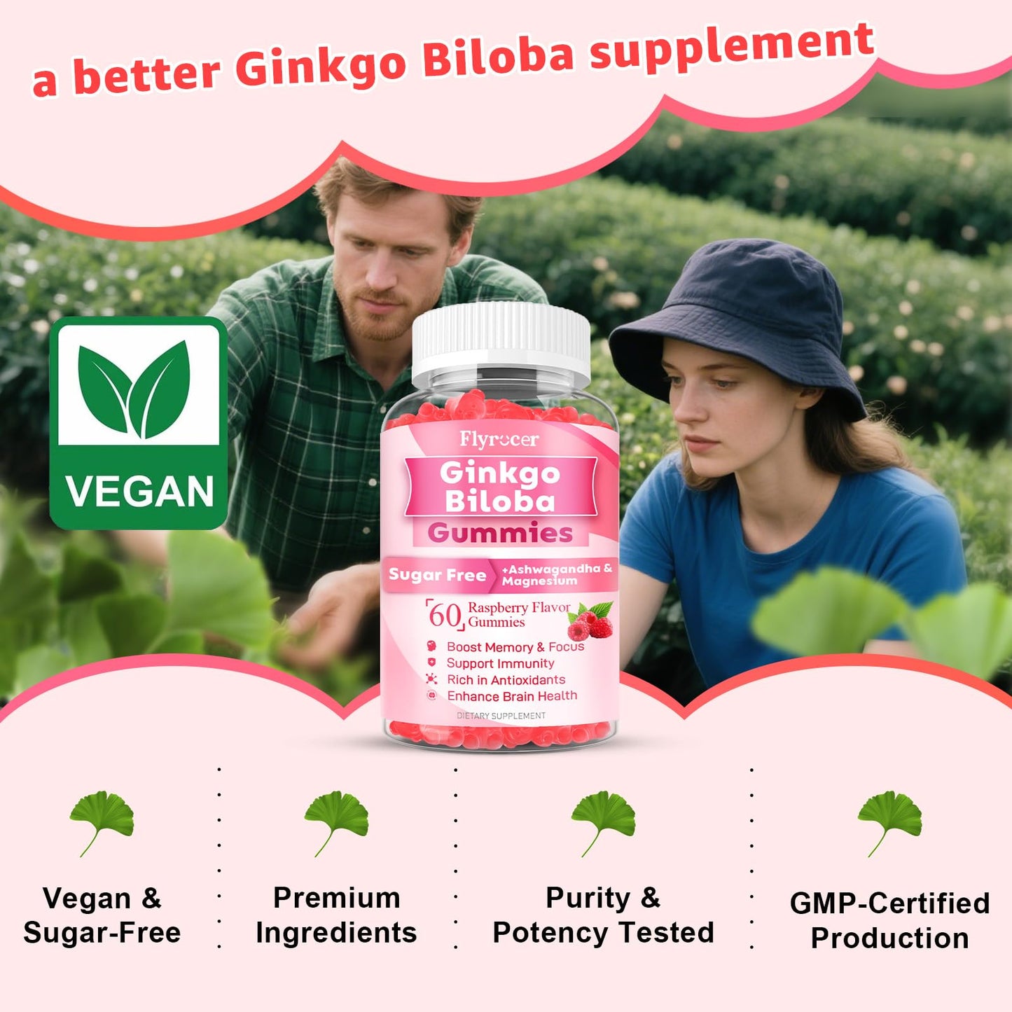 Flyrocer Ginkgo Biloba Gummies for Adults & Kids 60 Count