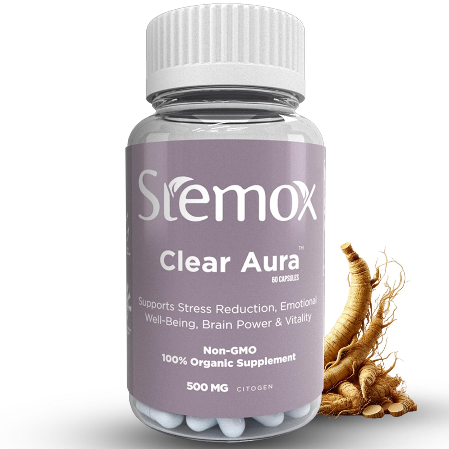 Stemox Clear Aura Panax Ginseng Energy & Focus Supplement – Natural Stress Relief & Mental Clarity Adaptogen – Vegan Vitality & Wellness Formula – 60 Capsules