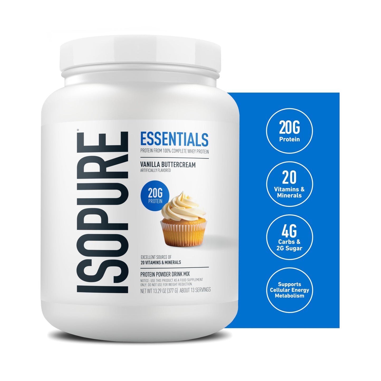 Isopure Essentials 100% Whey Protein Powder Vanilla Buttercream with Vitamins, 13 Servings