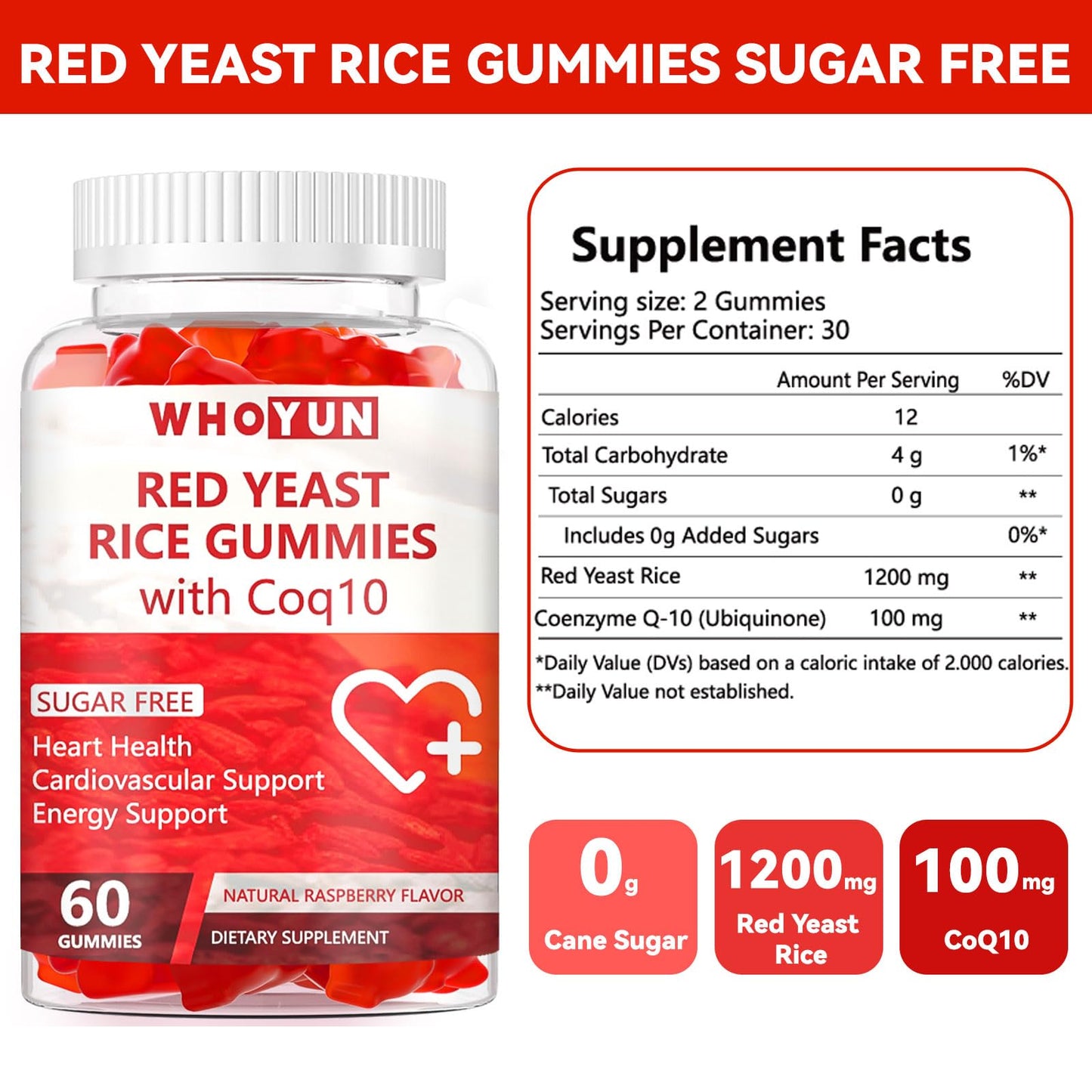 Whoyun Red Yeast Rice with CoQ10 Gummies 60 Count