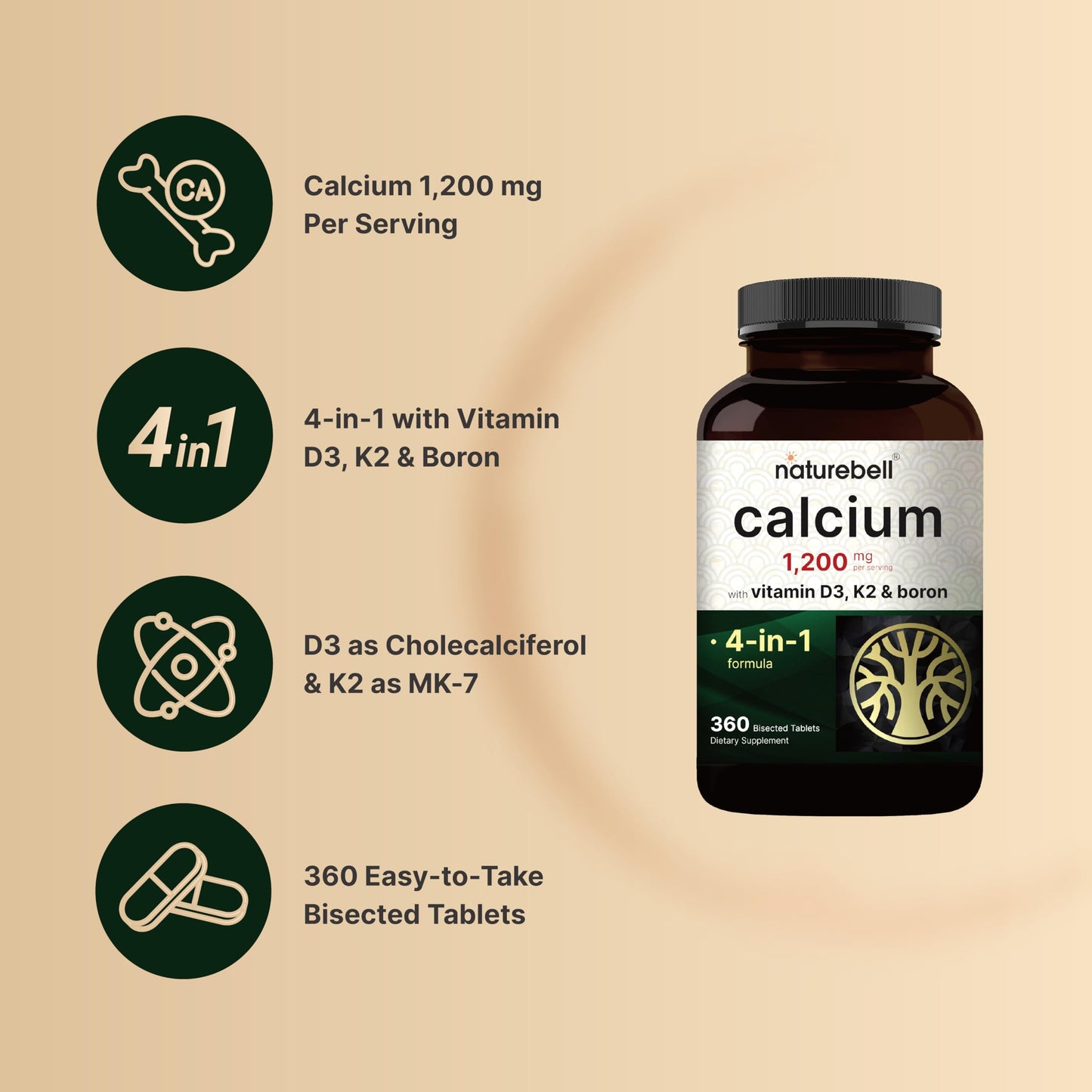 NatureBell Calcium 1,200 mg Per Serving with Vitamin D3, K2 & Boron, 360 Tablets