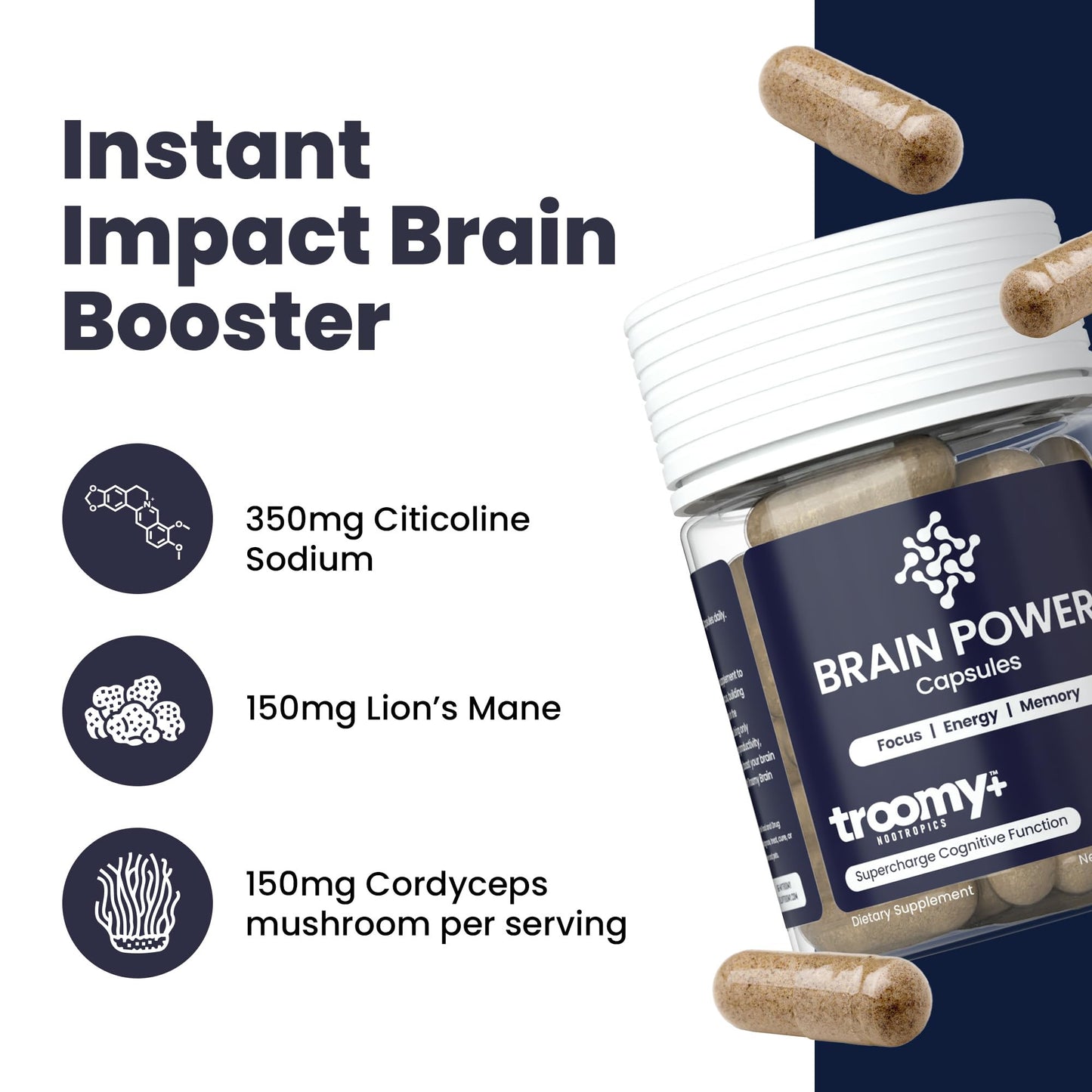 Troomy Nootropics Troomy Brain Supplements for Memory and Focus, Daily Wellness Supplement with Citicoline, Lion's Mane, and Cordyceps - Plant-Based Formula for Routine Support, Everyday Balance Capsules, 60 Count
