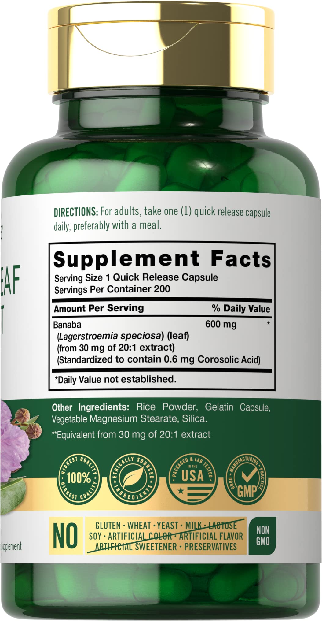 Carlyle Banaba Leaf Extract Capsules, Non-GMO, Gluten Free, 200 Capsules