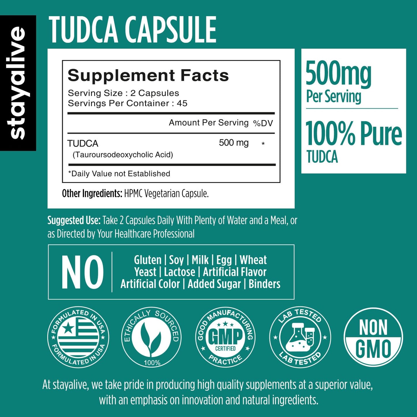 STAYALIVE TUDCA Capsules 500mg Tauroursodeoxycholic Acid Bile Salts, 90 Count
