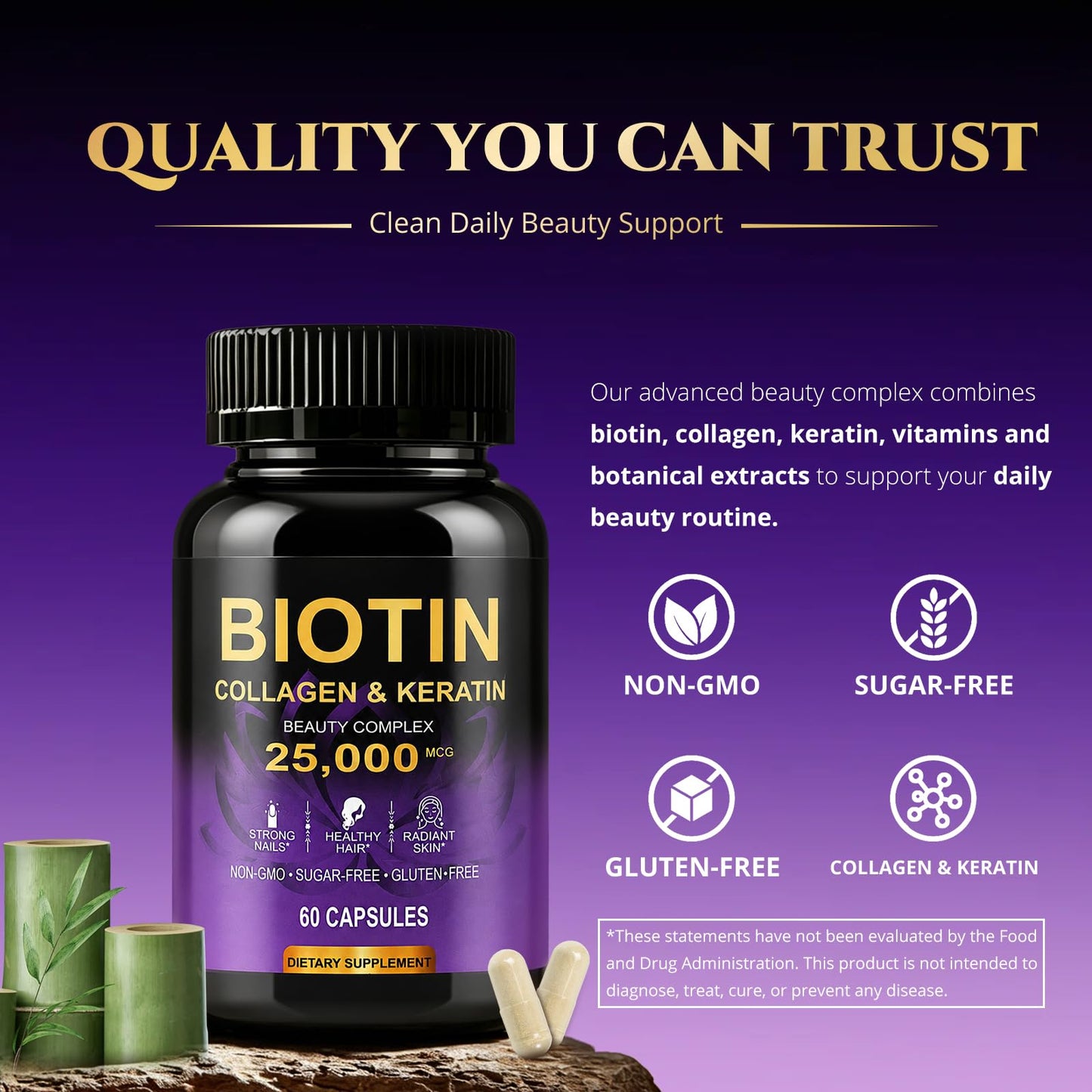 KEGECOL Hair Skin & Nails Vitamins with Biotin 25000mcg – Hair Growth Support with Collagen, Keratin, Hyaluronic Acid & B-Complex (B1 B2 B3 B6 B7) – Third Party Tested – Women & Men – 60 Capsules