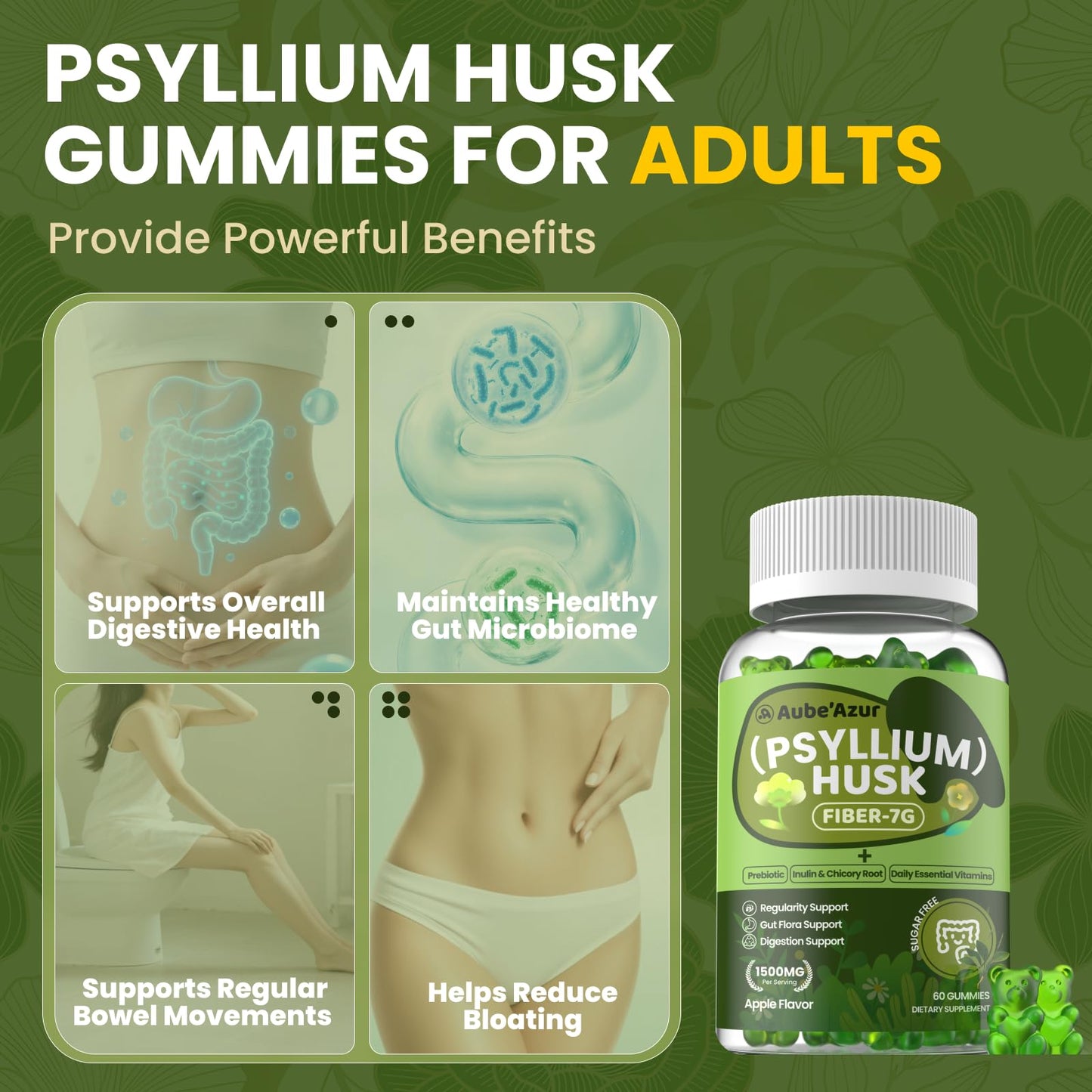Aube'Azur Psyllium Husk + Fiber Gummies, Sugar Free, 60 Gummies