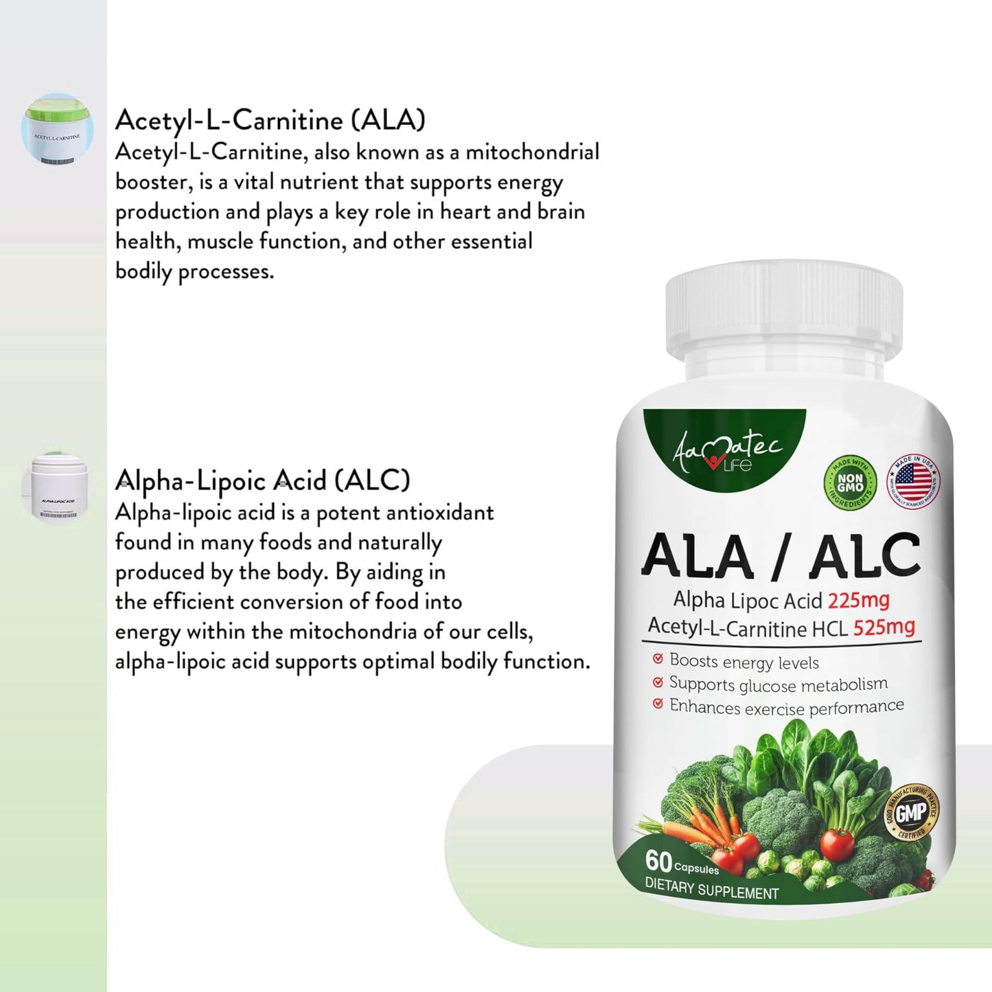 AAMATEC LIFE ALA/ALC High Potency Formula Alpha Lipoic Acid and Acetyl-L-Carnitine HCl Capsules, 60 Count