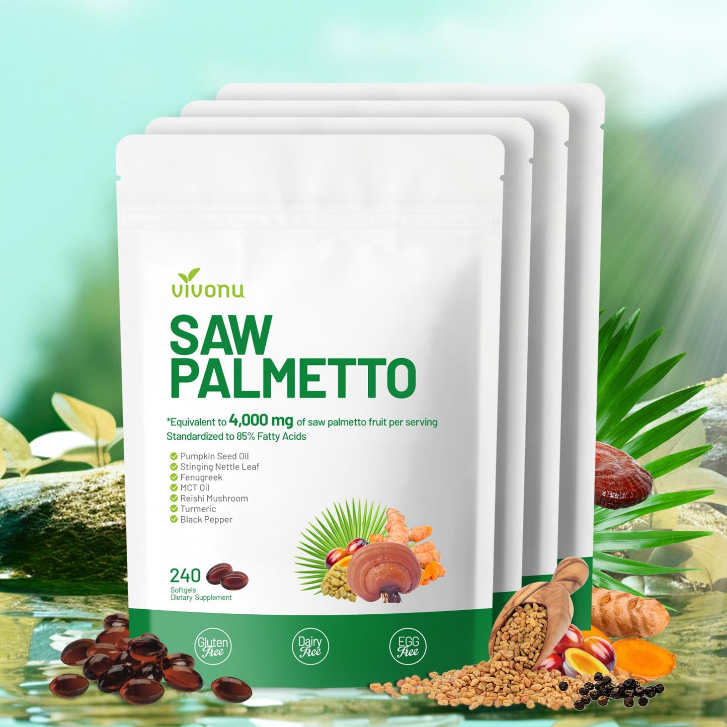 VivoNu Saw Palmetto Capsules Extract 8 in 1, Pumpkin Seed Oil, 240 Softgels