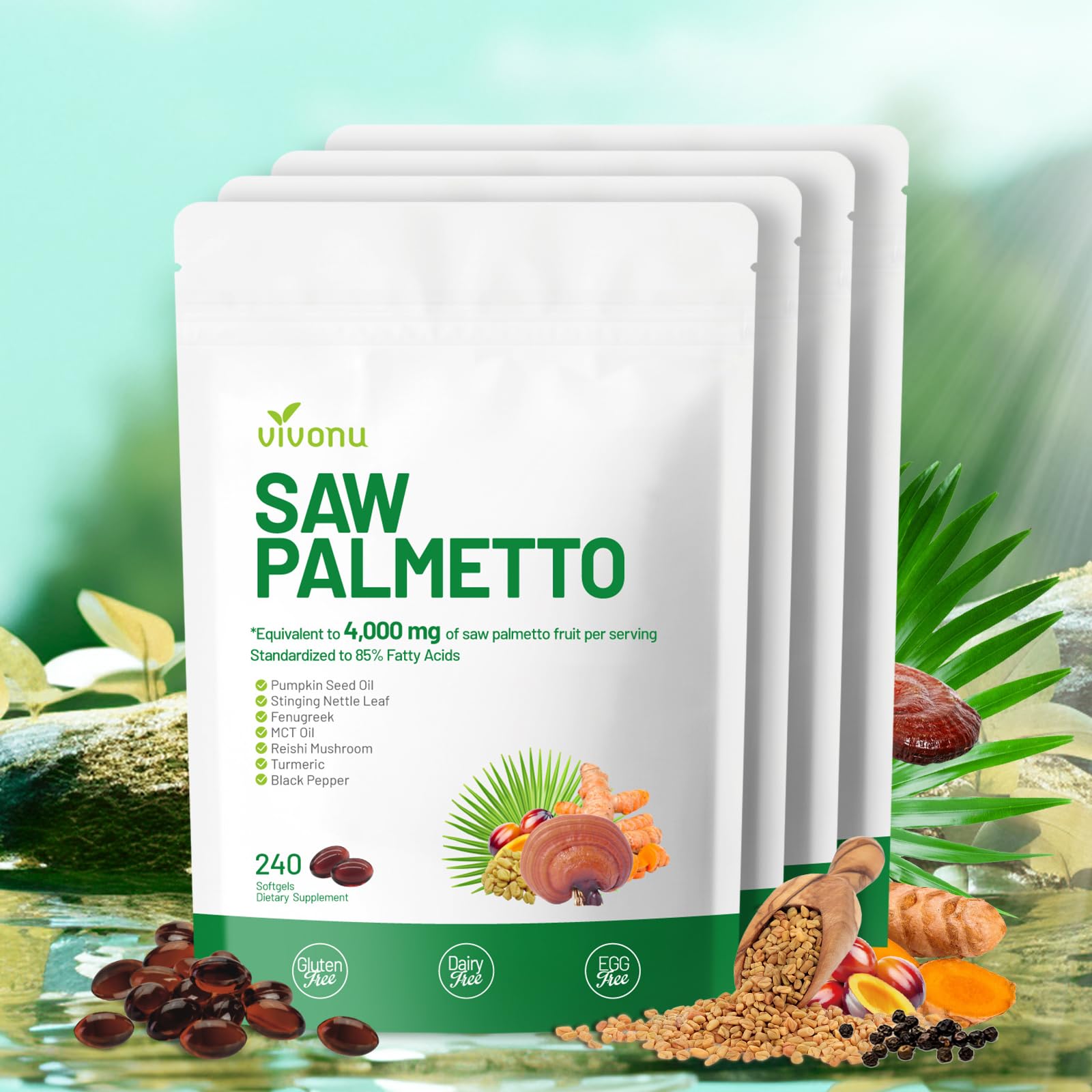 VivoNu Saw Palmetto Capsules Extract 8 in 1, Pumpkin Seed Oil, 240 Softgels