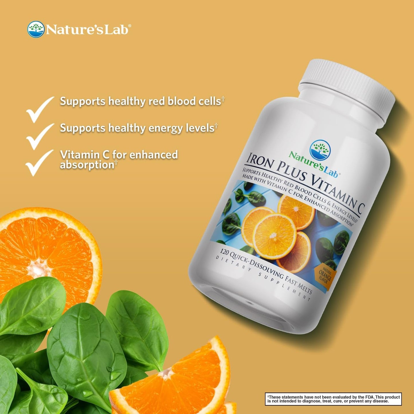 Nature's Lab Iron Plus Vitamin C Fast Melt Tablets, 120 Tablets
