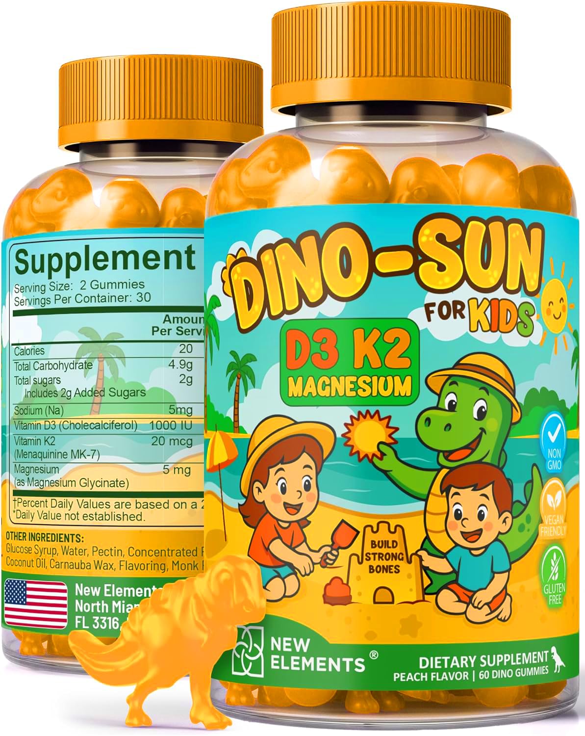 New Elements Kids Vitamin D3 K2 Gummies with Magnesium Glycinate, 60 Count
