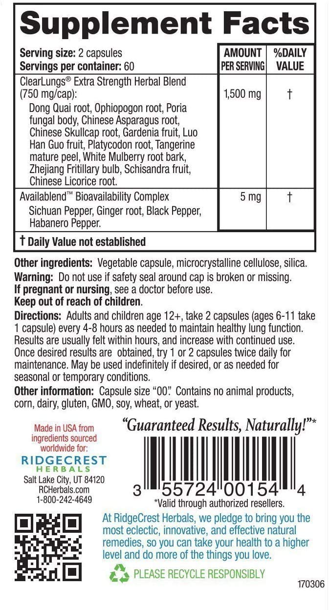 RidgeCrest Herbals Clearlungs Extra Strength Homeo/Herbal Decongestant Capsules, 120 Count