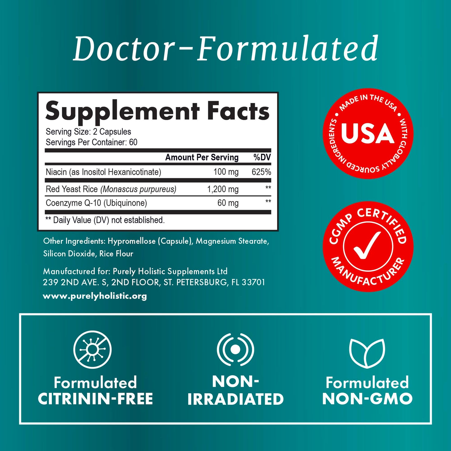 Purely Holistic Red Yeast Rice with CoQ10 Supplement Capsules 120 Count