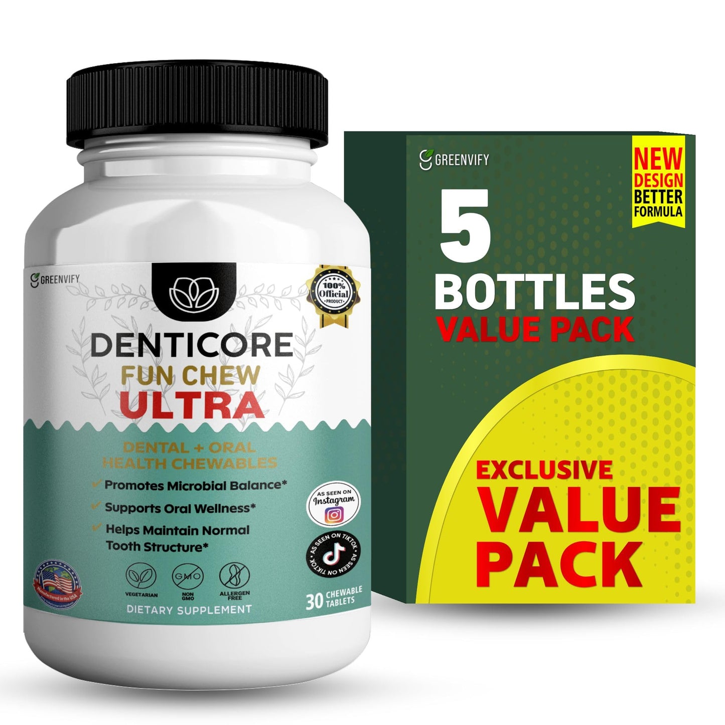 GREENVIFY Denticore Fun Chew Ultra Dental Support Blend 3 Strain Probiotic Chewable Tablets, 30 Count