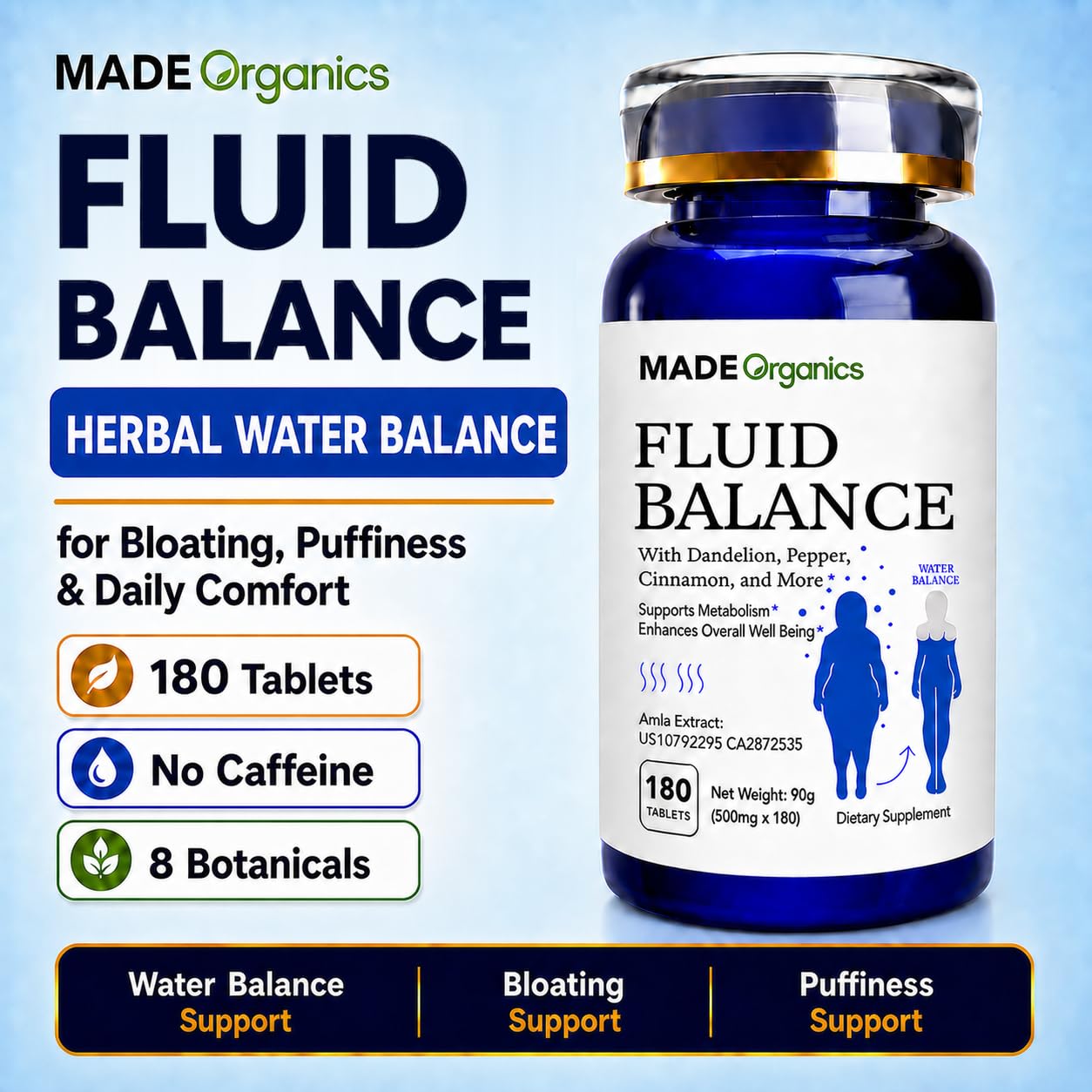 MADE Organics Fluid Balance Natural Water Retention Supplement Herbal Diuretic with Dandelion for Bloating Relief Swollen Legs and Feet Weight Management 180 Tablets