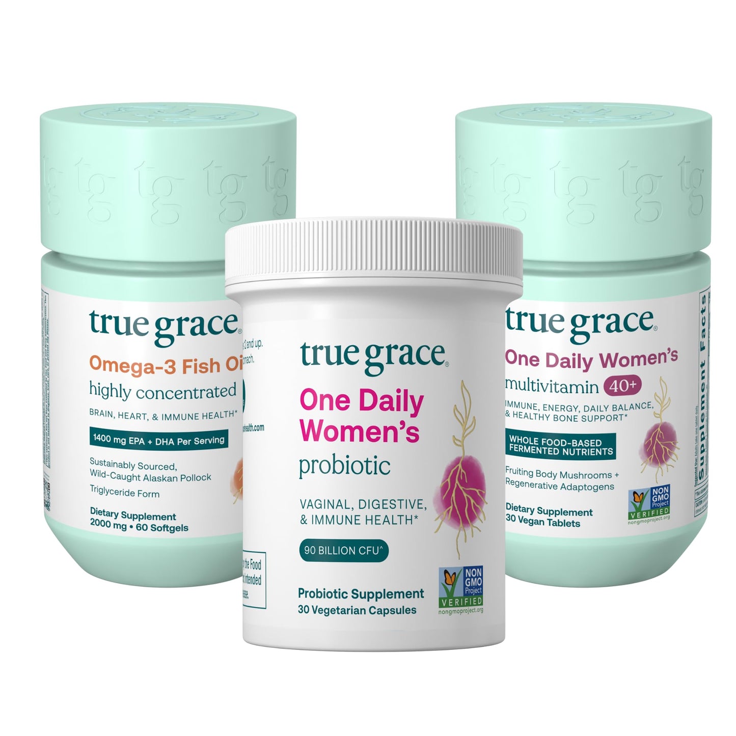 True Grace One Daily Women’s Multivitamin 40+ - 30 Vegan Tablets; Omega-3 Fish Oil - 60 Softgels; One Daily Women’s Probiotic - 30 Vegetarian Capsules - 120-Unit Pack