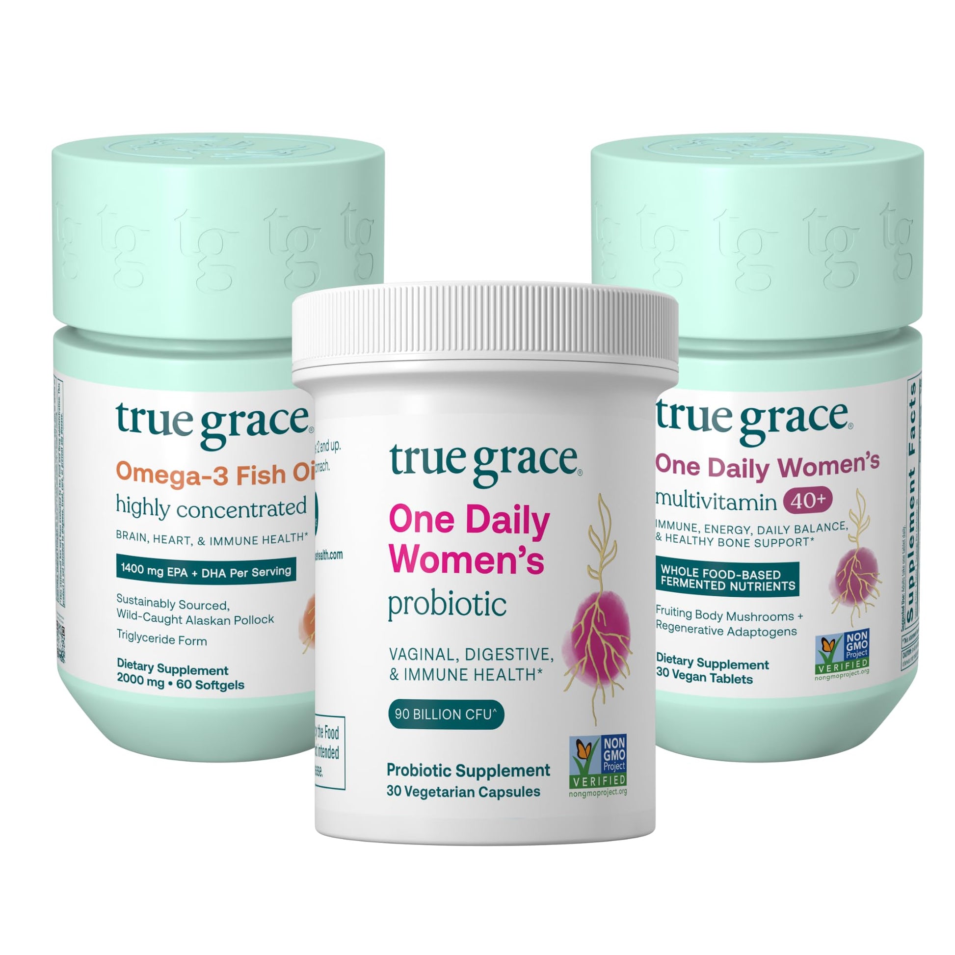 True Grace One Daily Women’s Multivitamin 40+ - 30 Vegan Tablets; Omega-3 Fish Oil - 60 Softgels; One Daily Women’s Probiotic - 30 Vegetarian Capsules - 120-Unit Pack