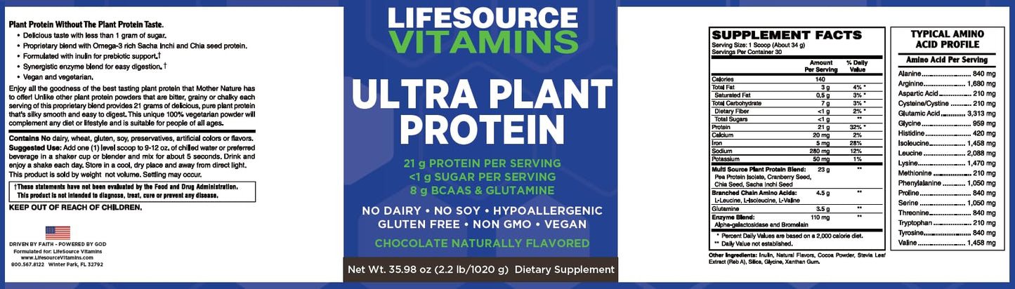 LifeSource Vitamins LifeSource Ultra Plant Protein Raw Vegan Plant Based Protein Chocolate Protein Powder, 2.25 lb