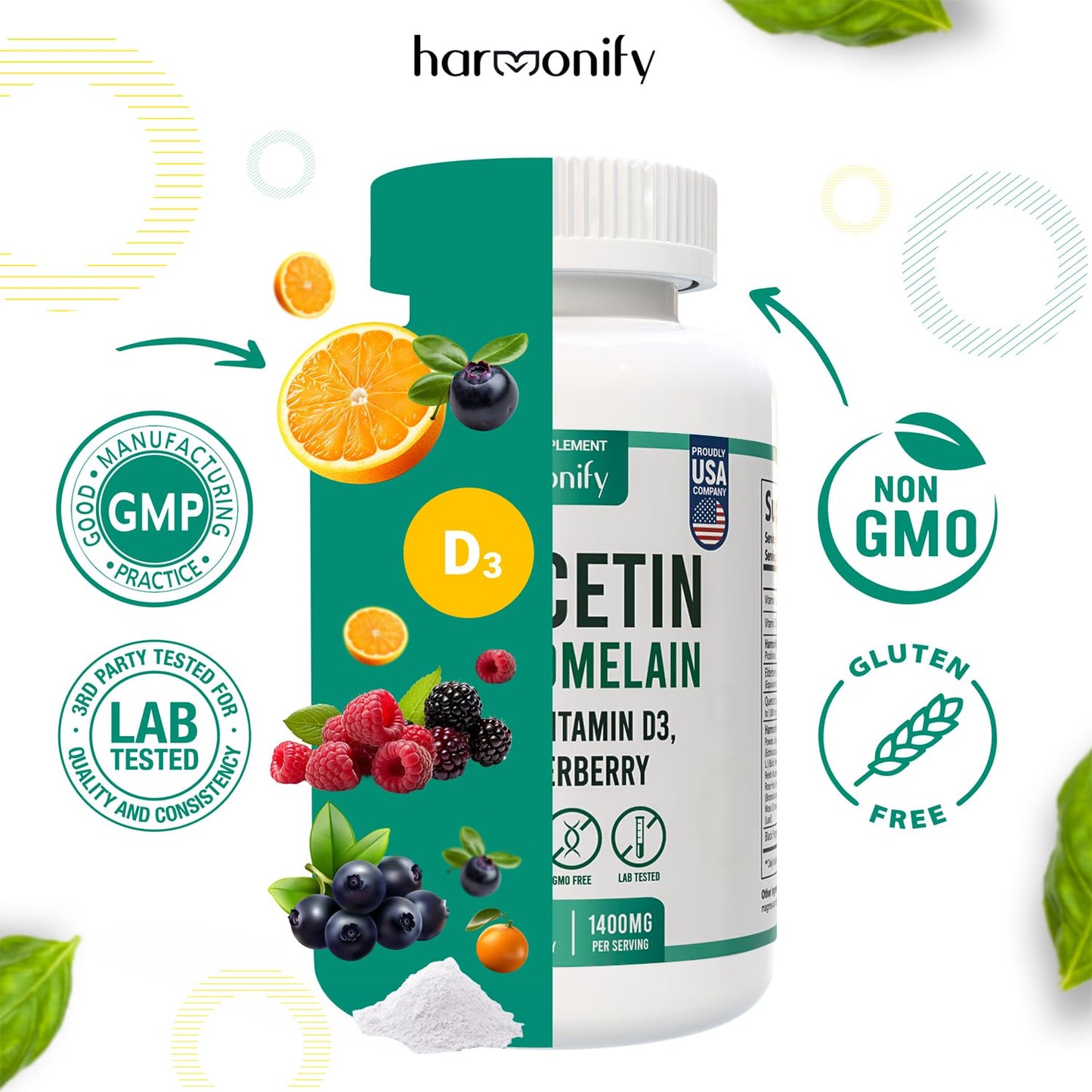 HARMONIFY Quercetin with Bromelain Immune Blend with Zinc Elderberry Vitamin C & D 5000 IU, Artemisinin, Irish Sea Moss, Echinacea, Garlic, Turmeric, Reishi and Ginger, 60 Capsules